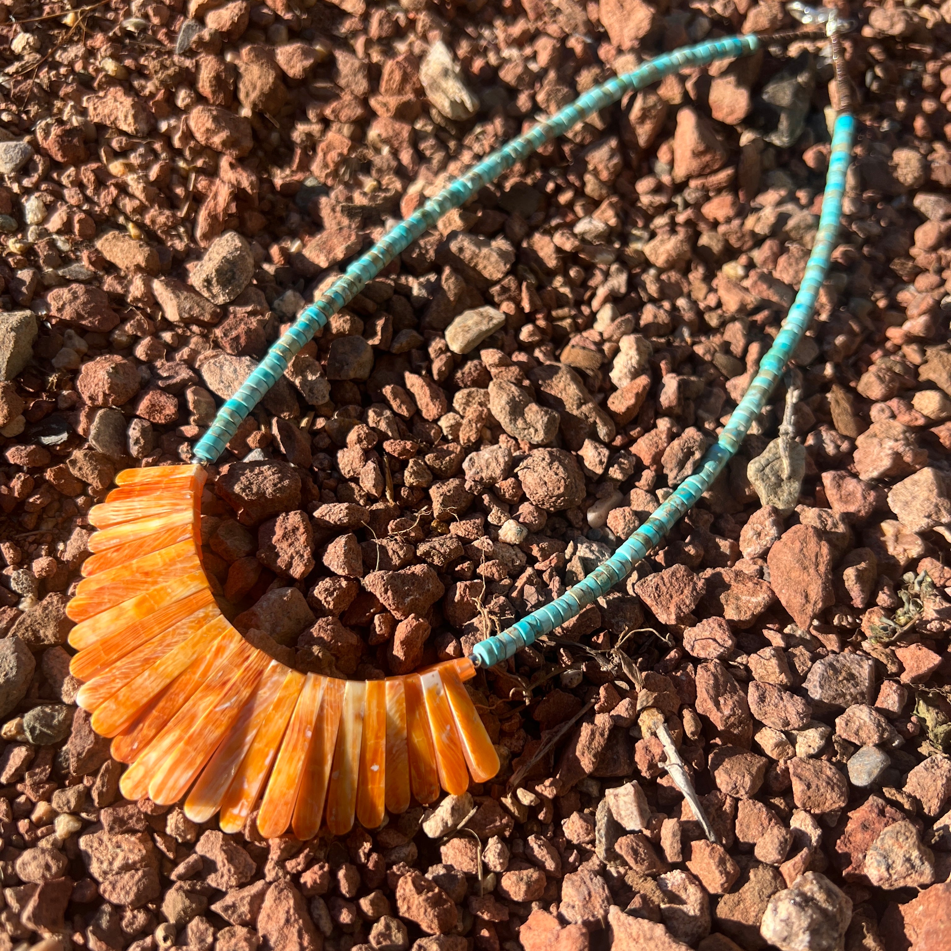 Turquoise with Orange Spiny Oyster Shell Necklace Santo Domingo