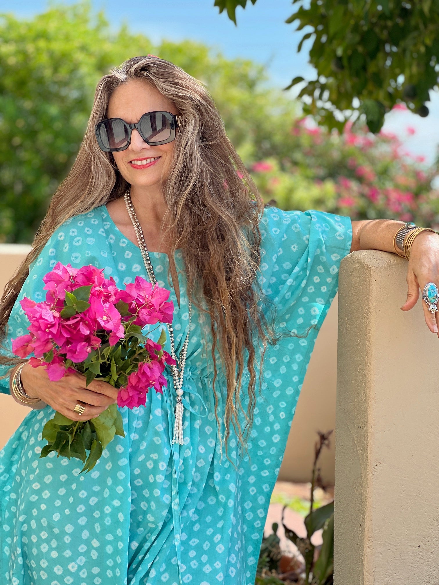 Passe-Partout Aqua Polka Dot Hand Tie Dyed Maxi Kaftan Dress Final Sale