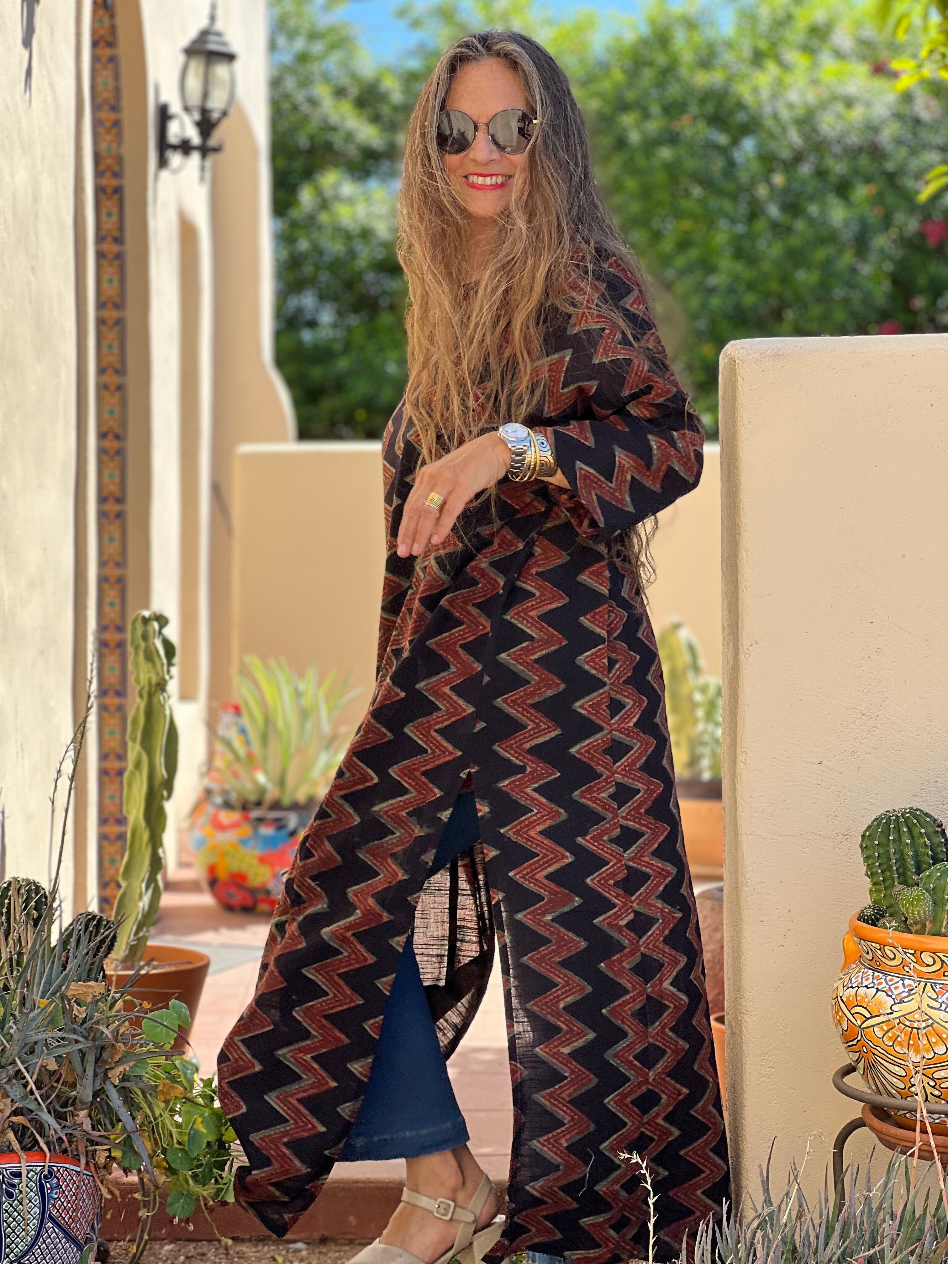 Zig Zag Khadi Black Natural Dye Long Tunic Dress Limited Edition