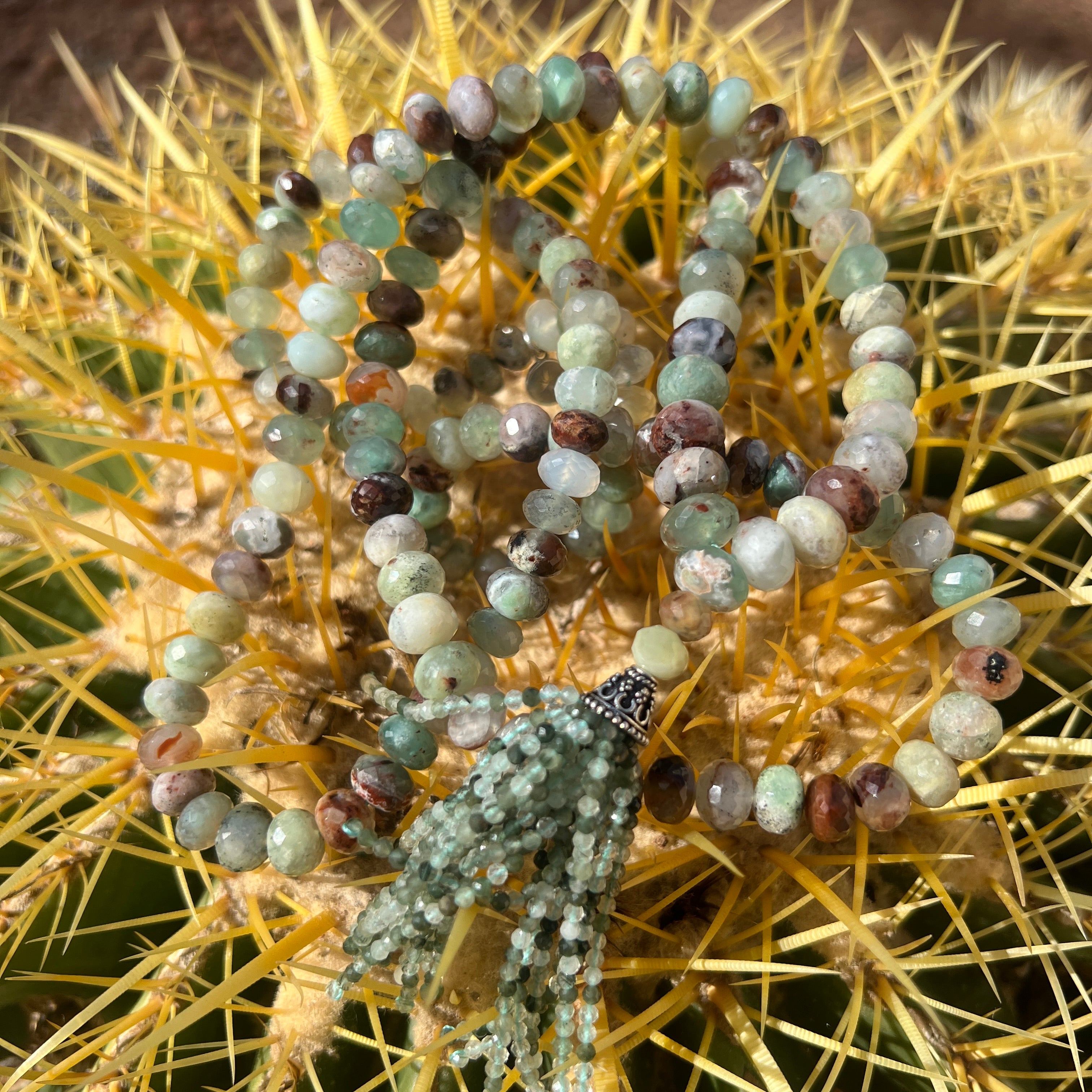 Rare Faceted Aquaprase Tassel Mala Necklace