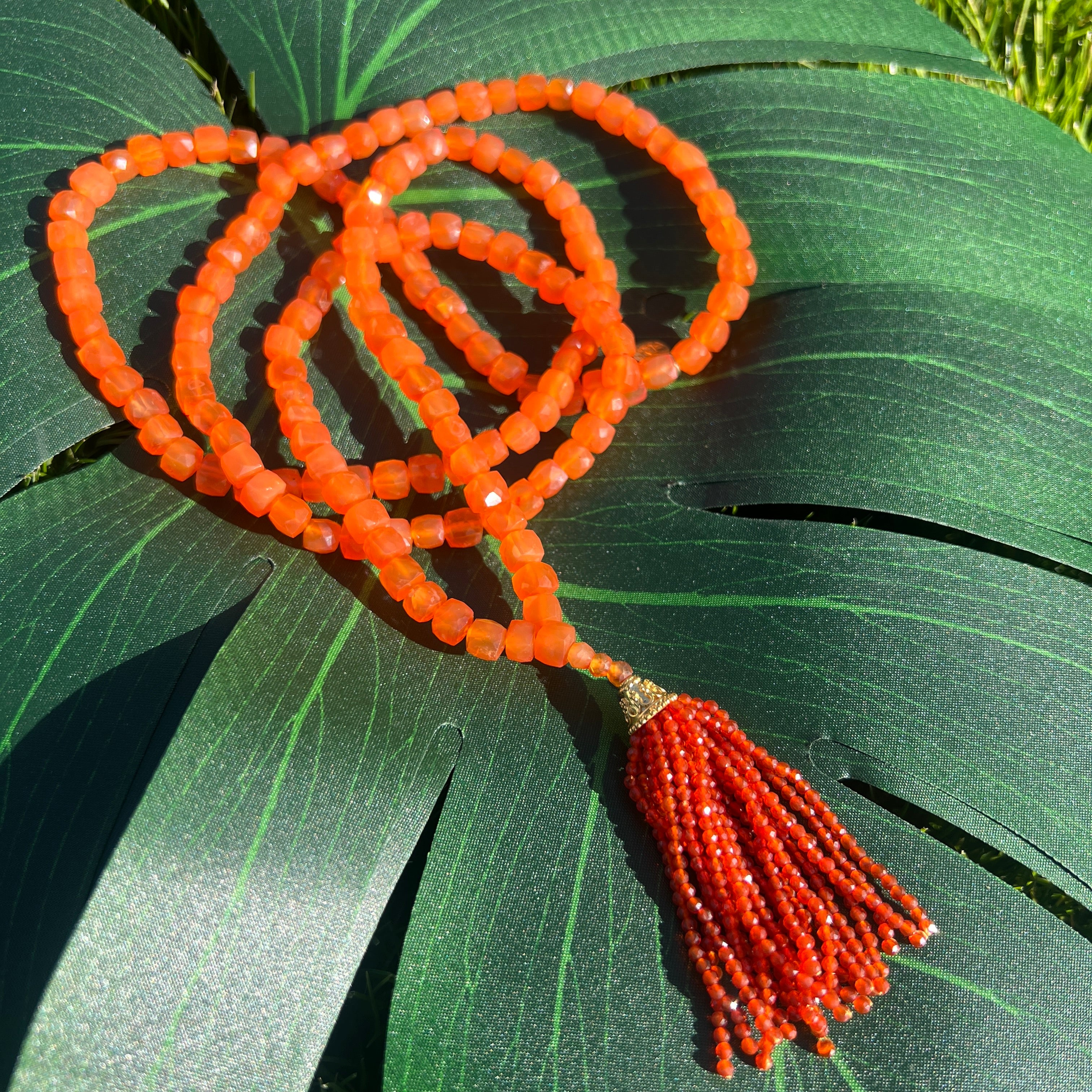 Faceted Carnelian Tassel Mala Necklace