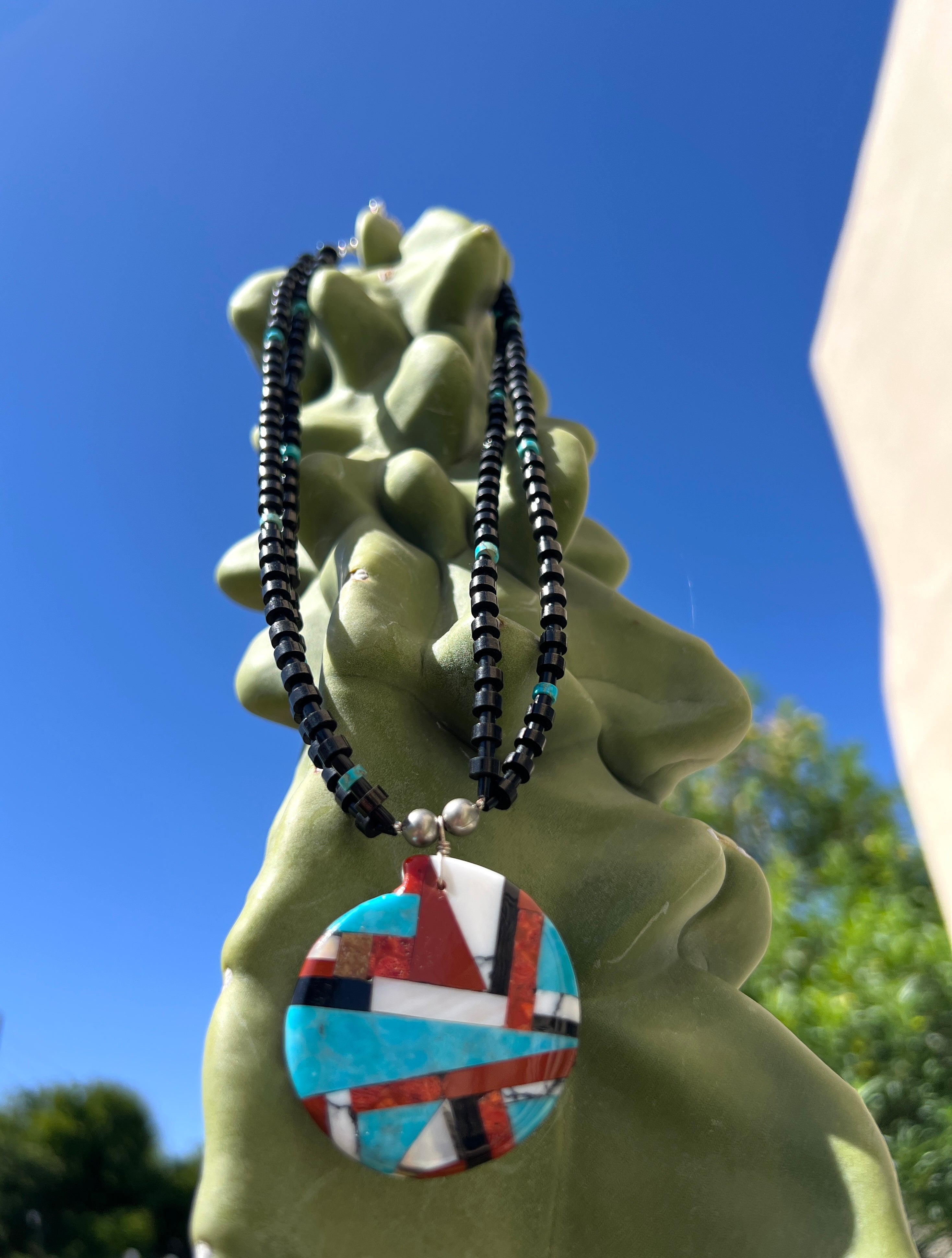 Mosaic Turquoise Inlay Shell Necklace Santo Domingo Reversible