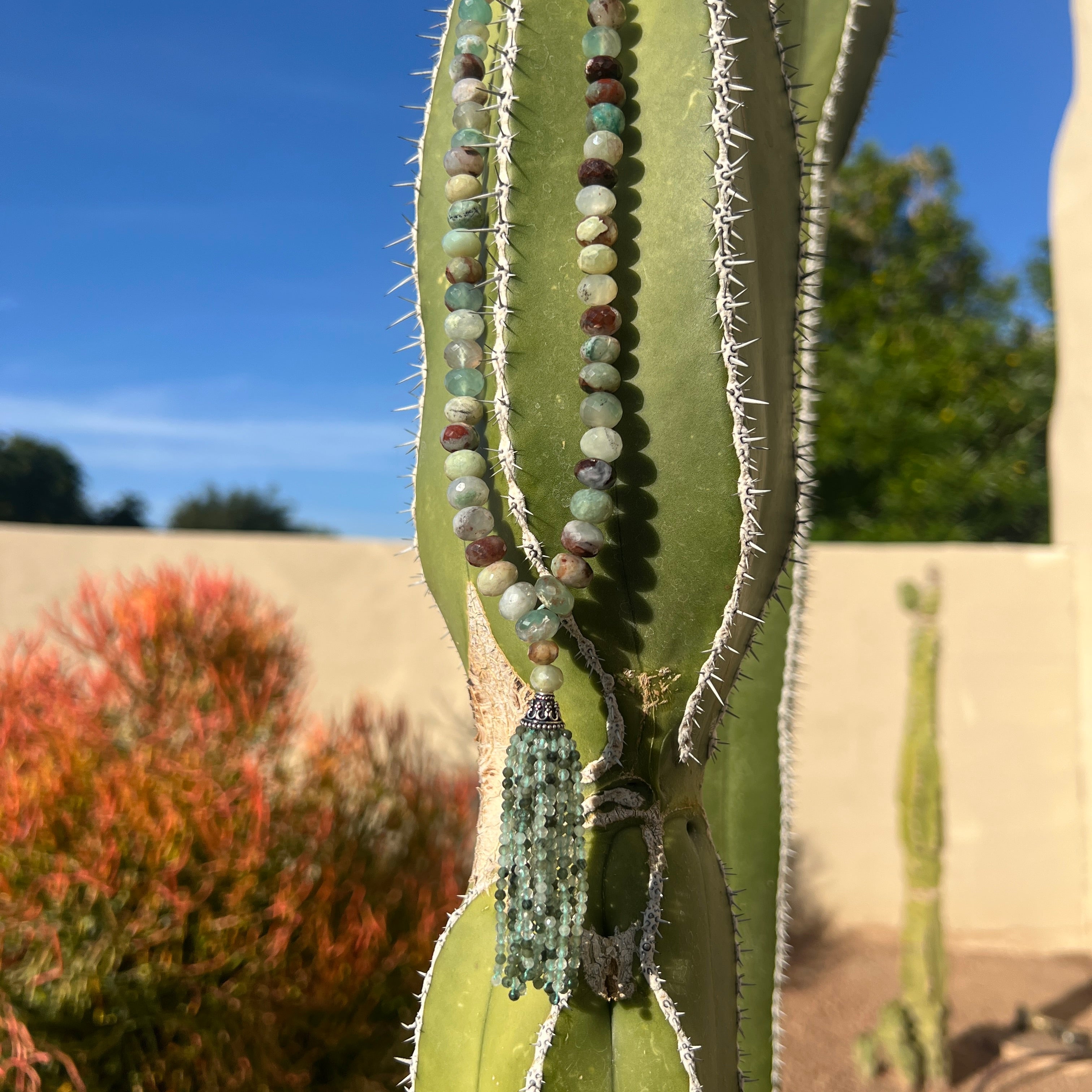 Rare Faceted Aquaprase Tassel Mala Necklace