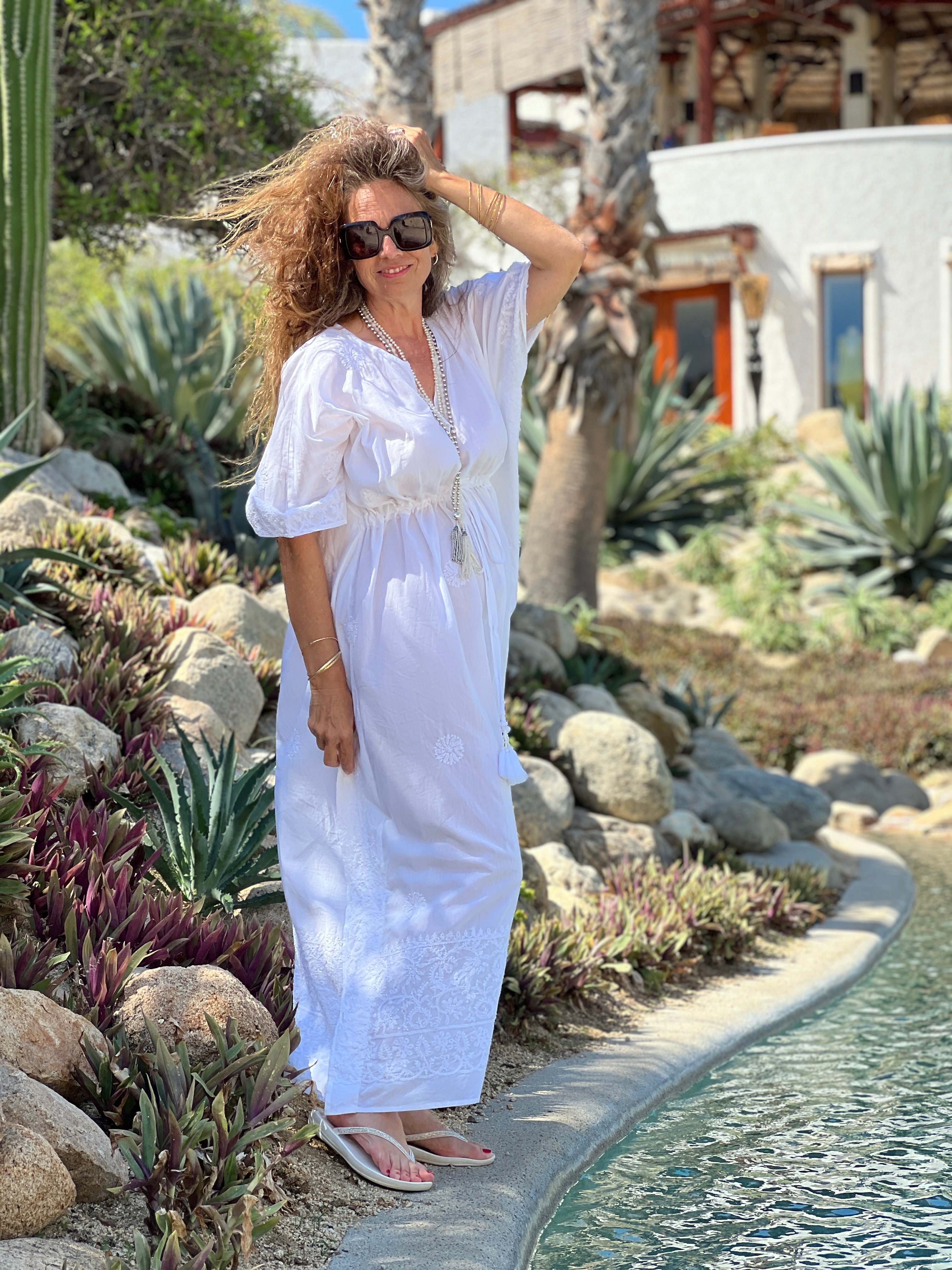 Lucky Lucknow White Embroidered Maxi Kaftan