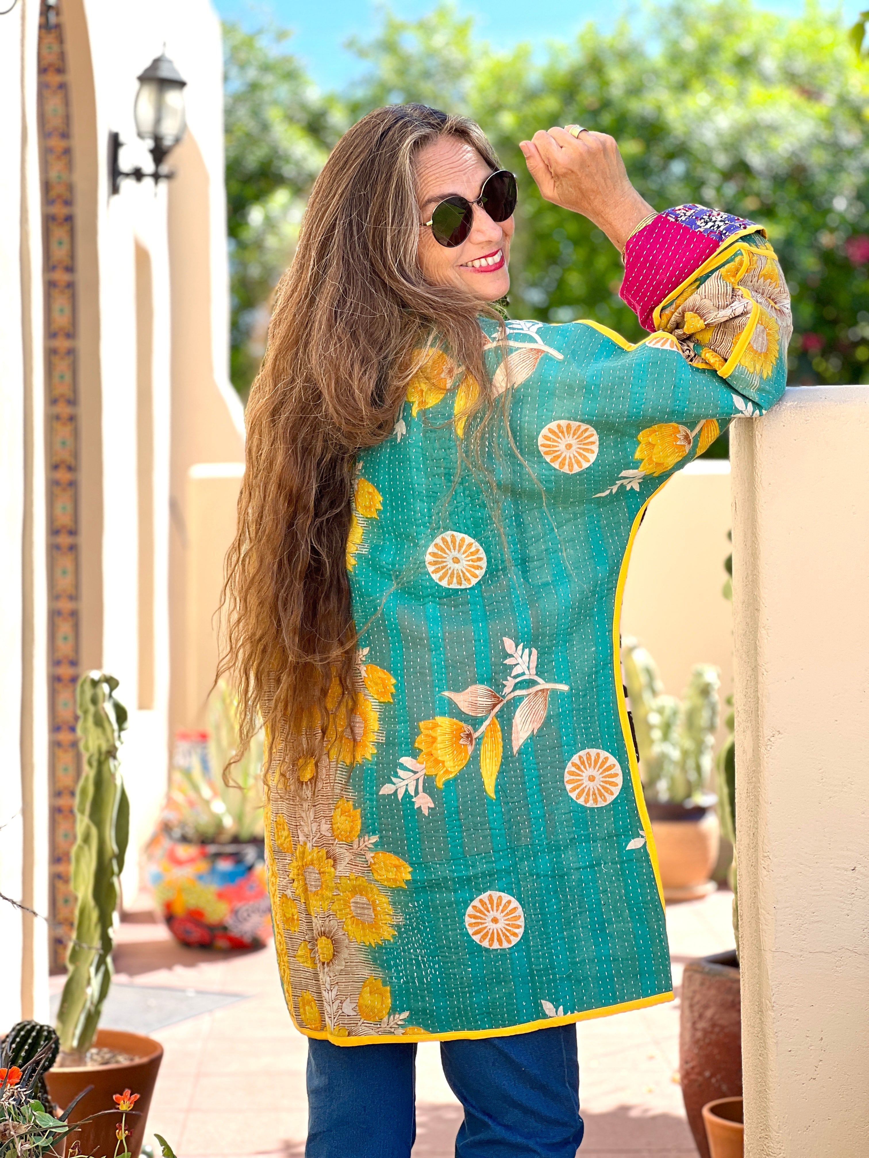Turchia Turquoise Kantha Coat One of a Kind