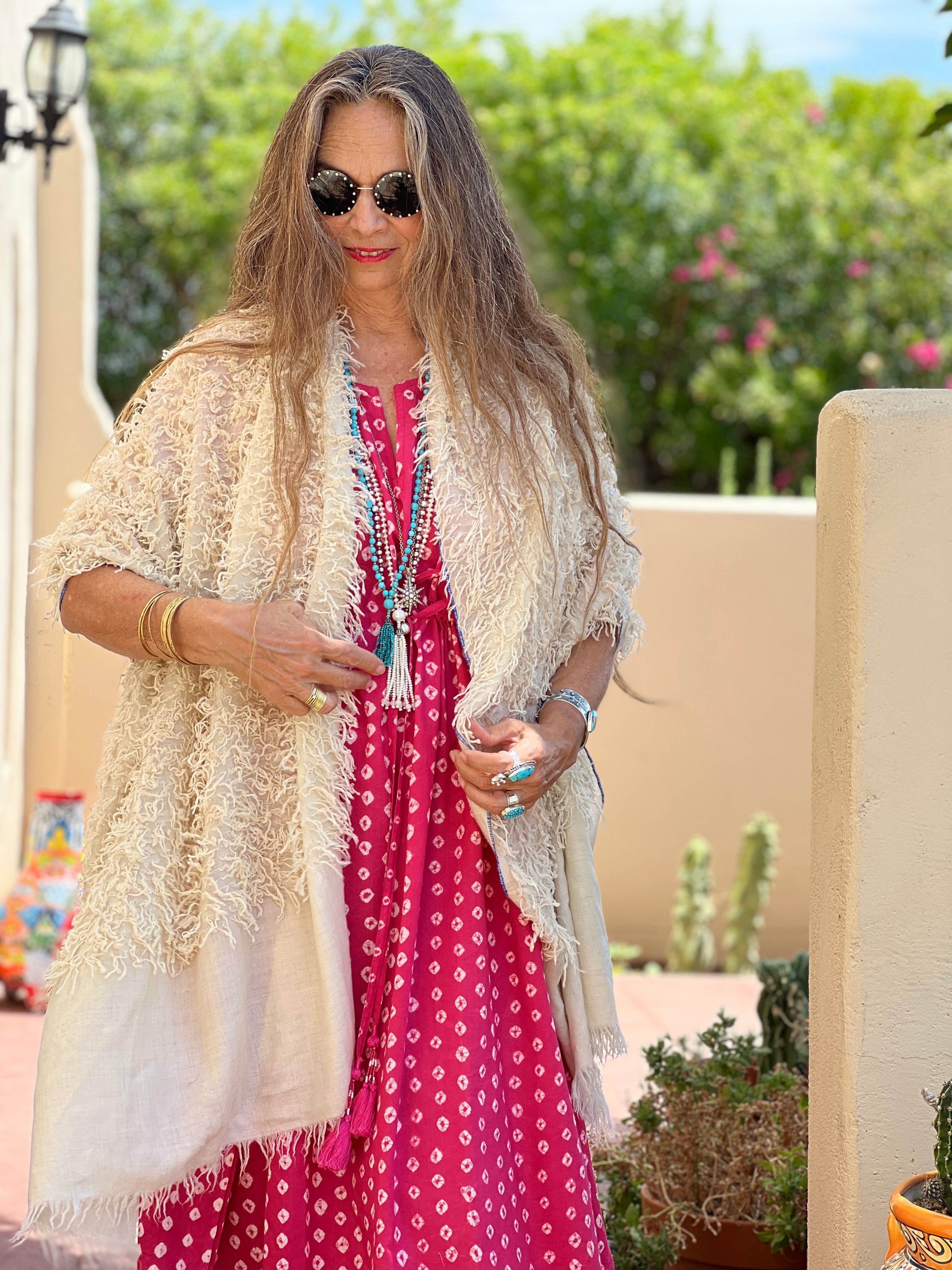 Feathered Kashmiri Natural Pashmina Shawl with Blue Trim