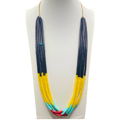 Black Jet, Yellow Serpentine, Turquoise and Coral Necklace