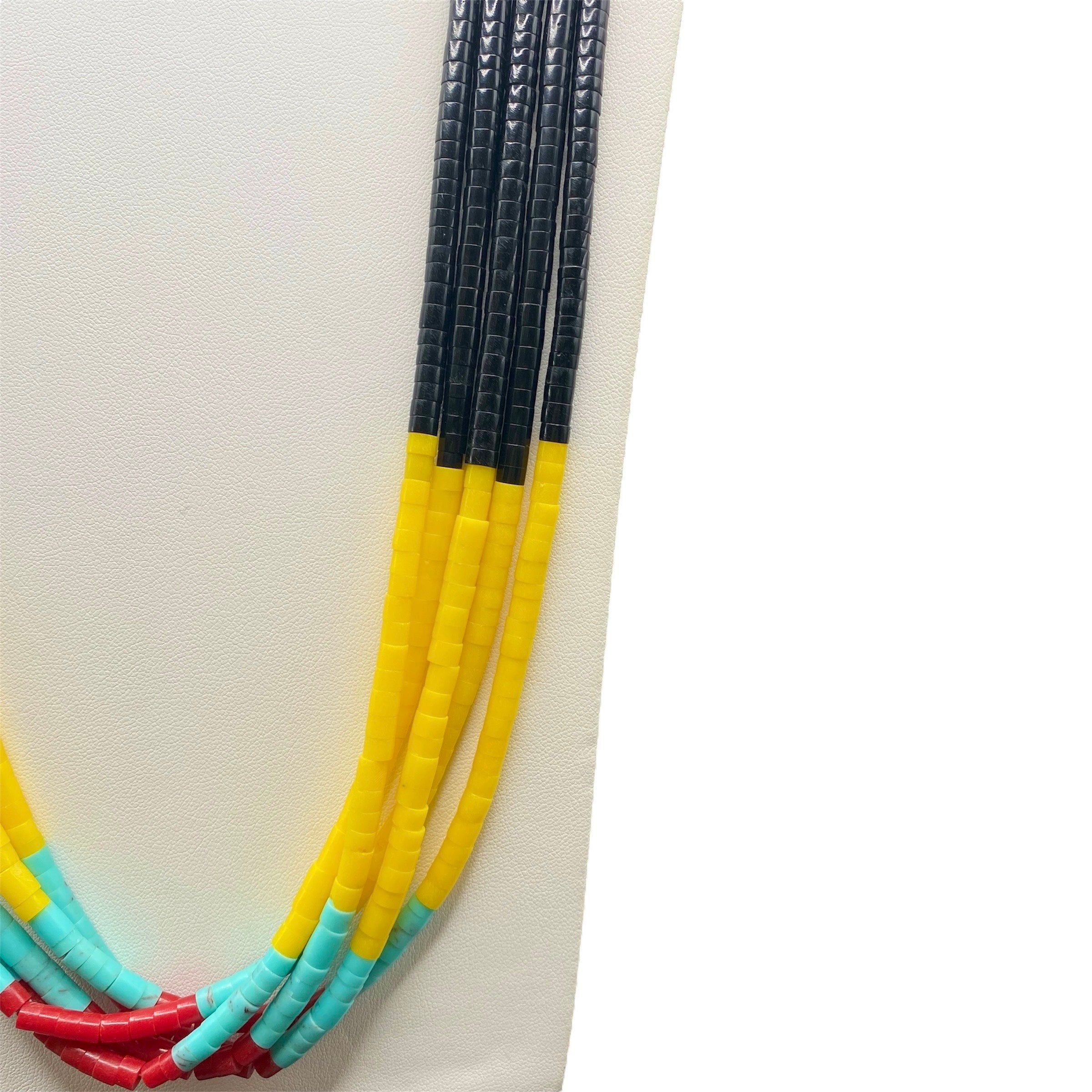 Black Jet, Yellow Serpentine, Turquoise and Coral Necklace