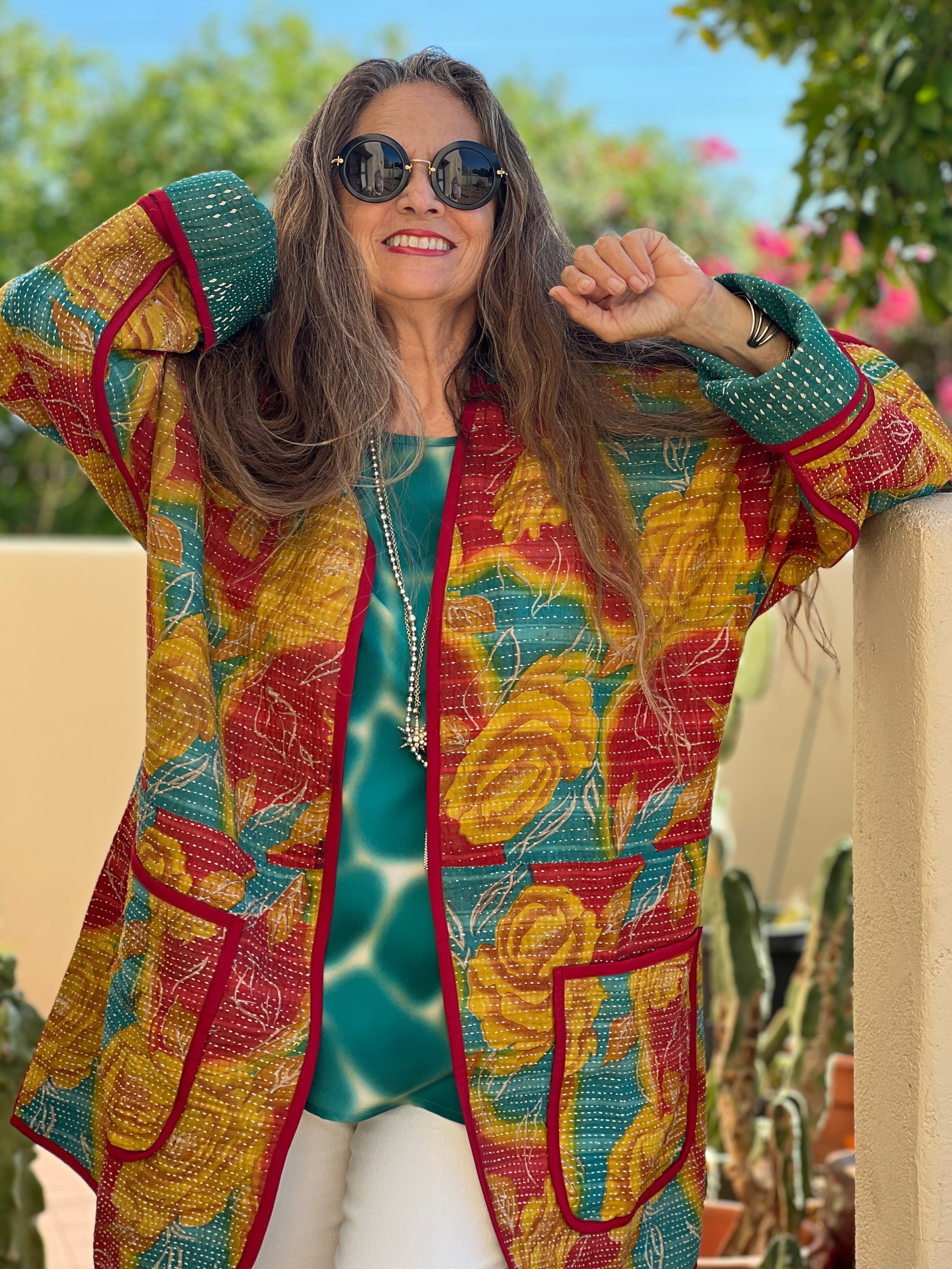 Flana Floral Cotton Kantha Coat One of a Kind
