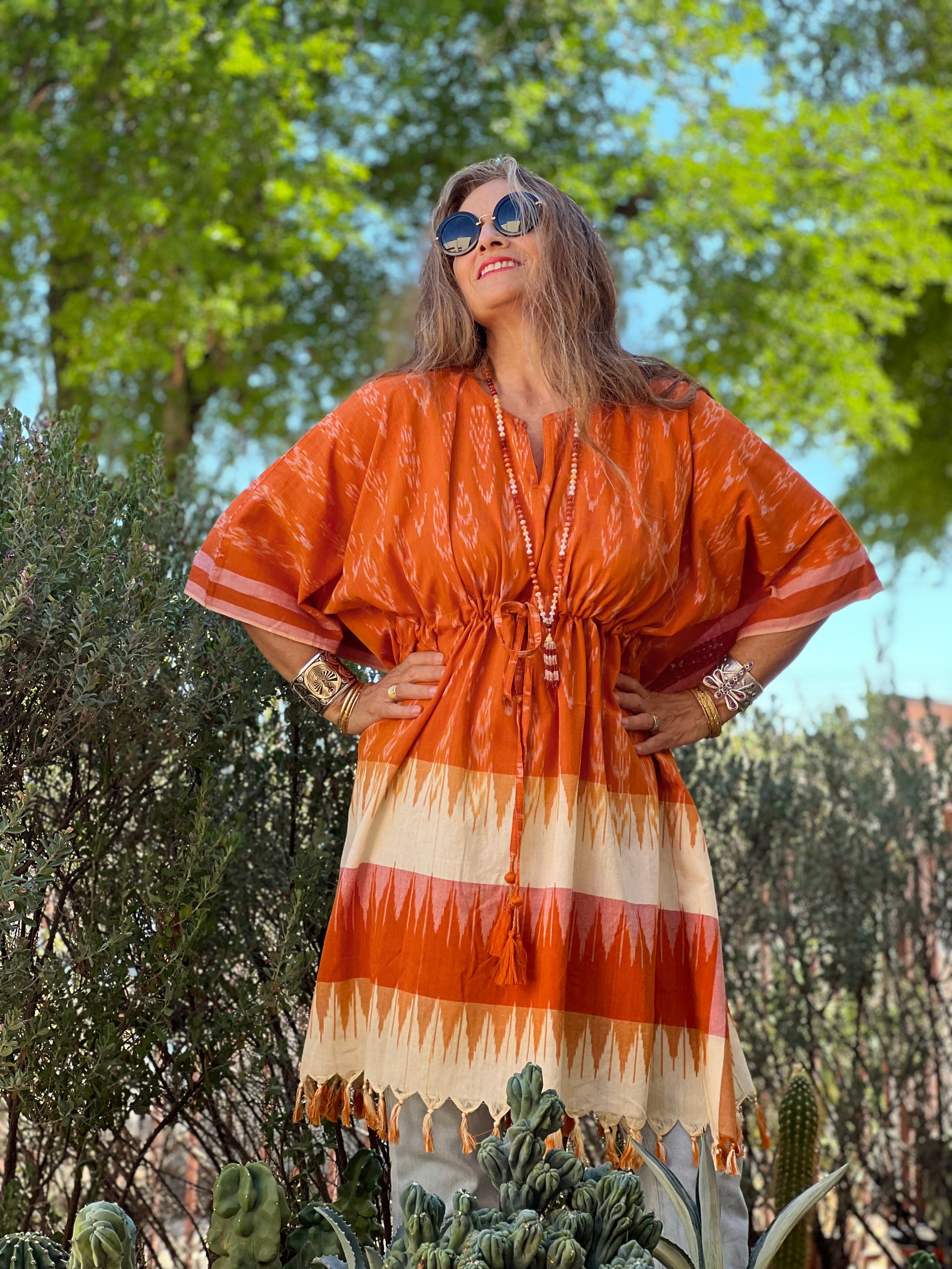 Roswell Cotton Ikat Kaftan Dress Handwoven One Left