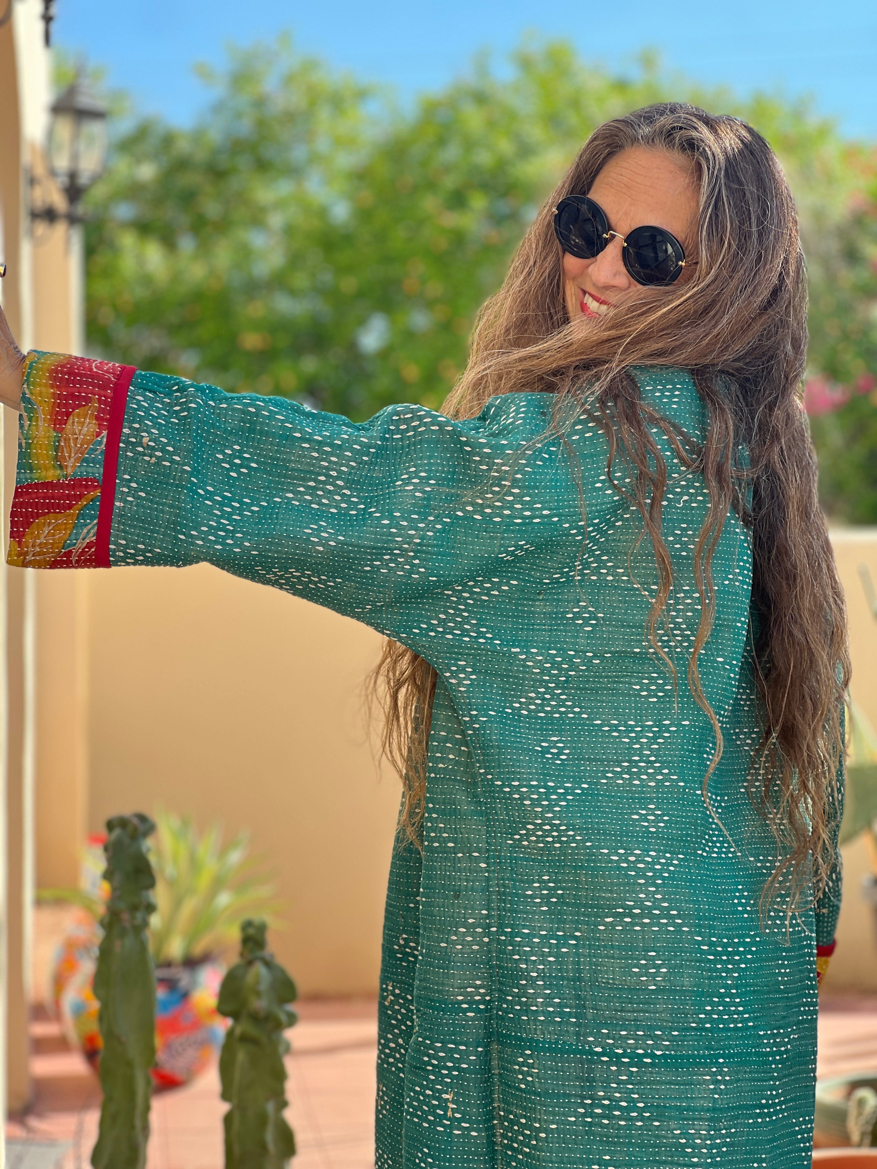 Flana Floral Cotton Kantha Coat One of a Kind