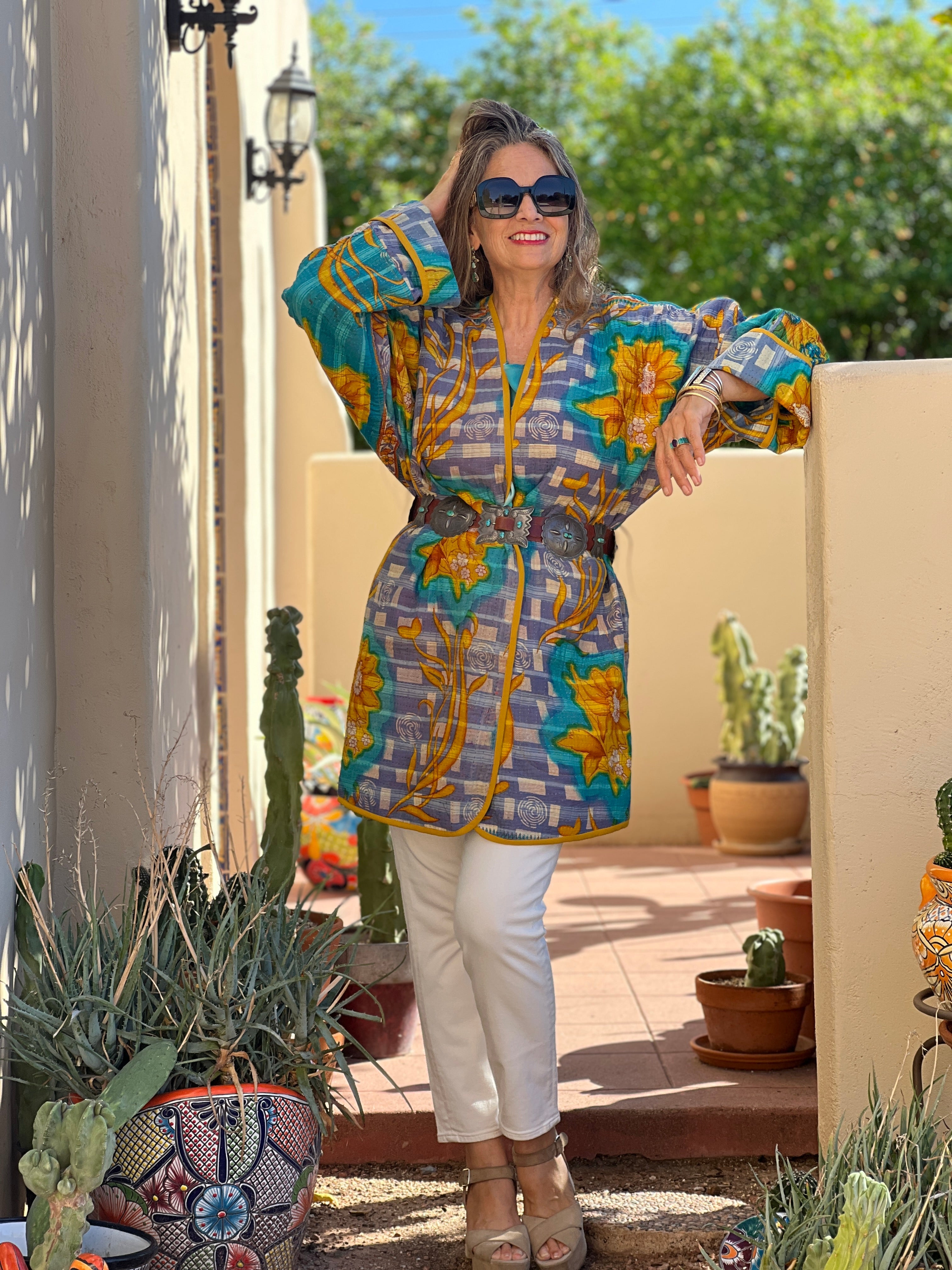 Firoza Floral Cotton Kantha Coat One of a Kind