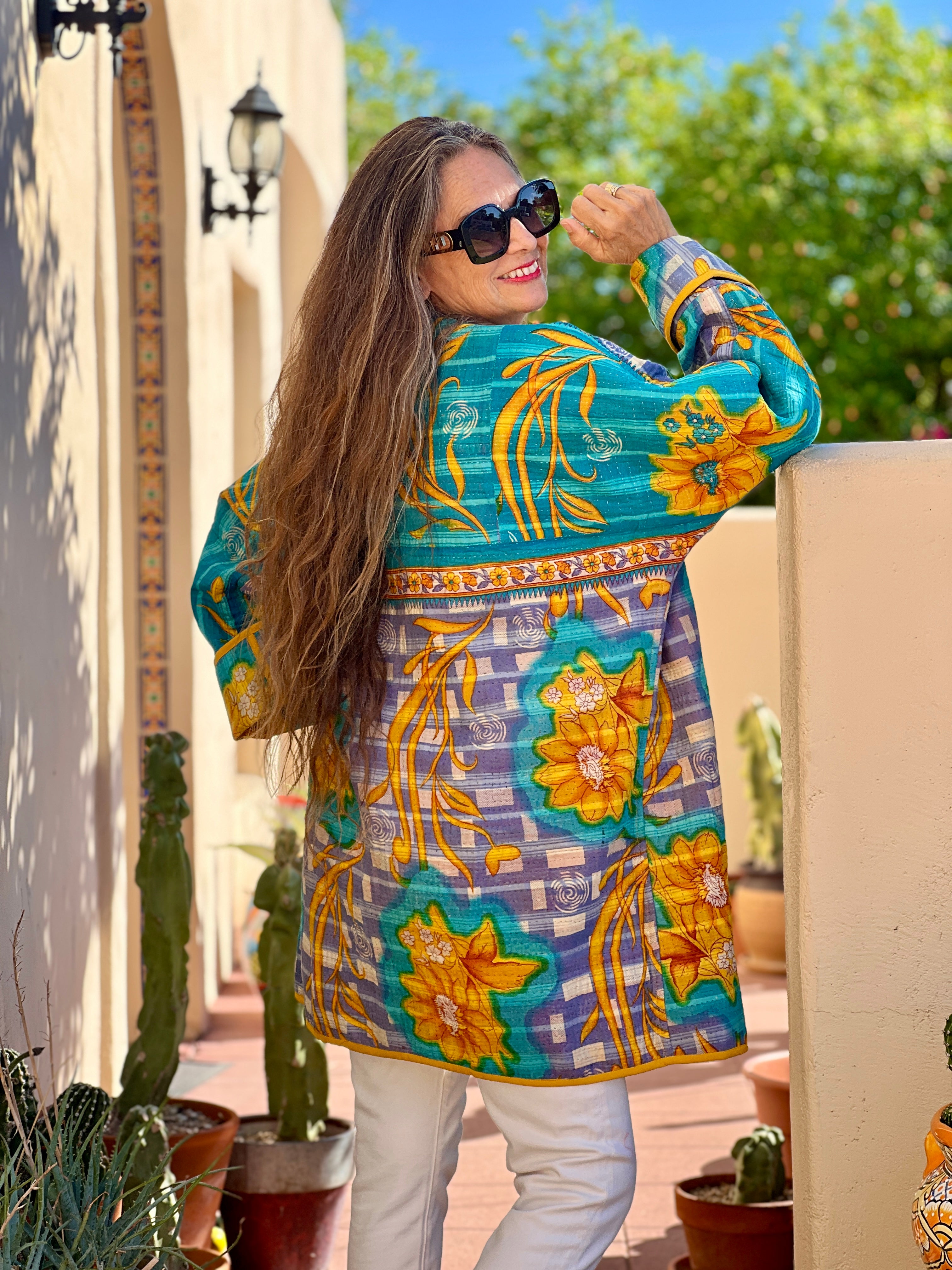 Firoza Floral Cotton Kantha Coat One of a Kind