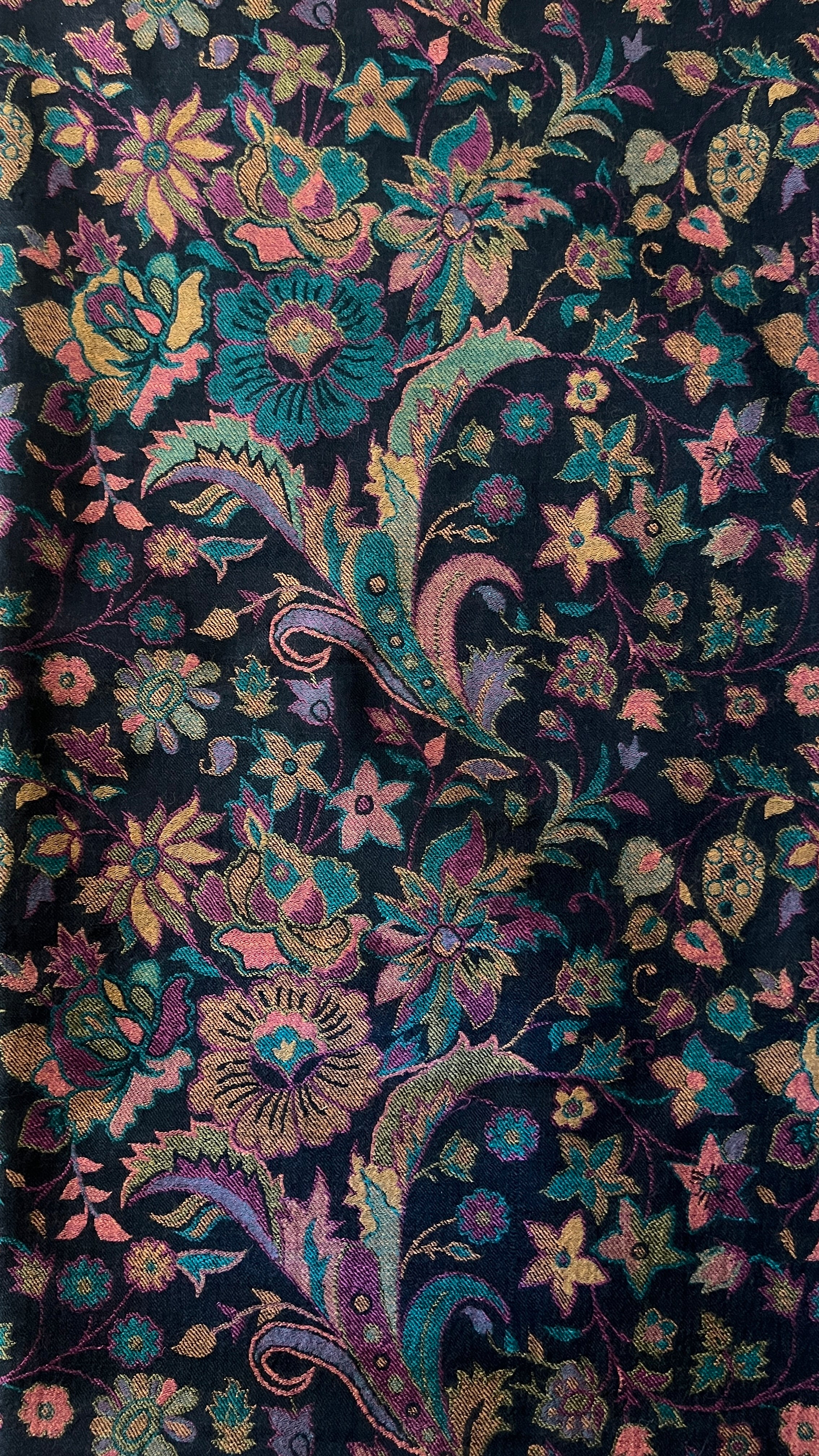 Black and Teal Floral Kani Shawl Fine Wool one of a Kind