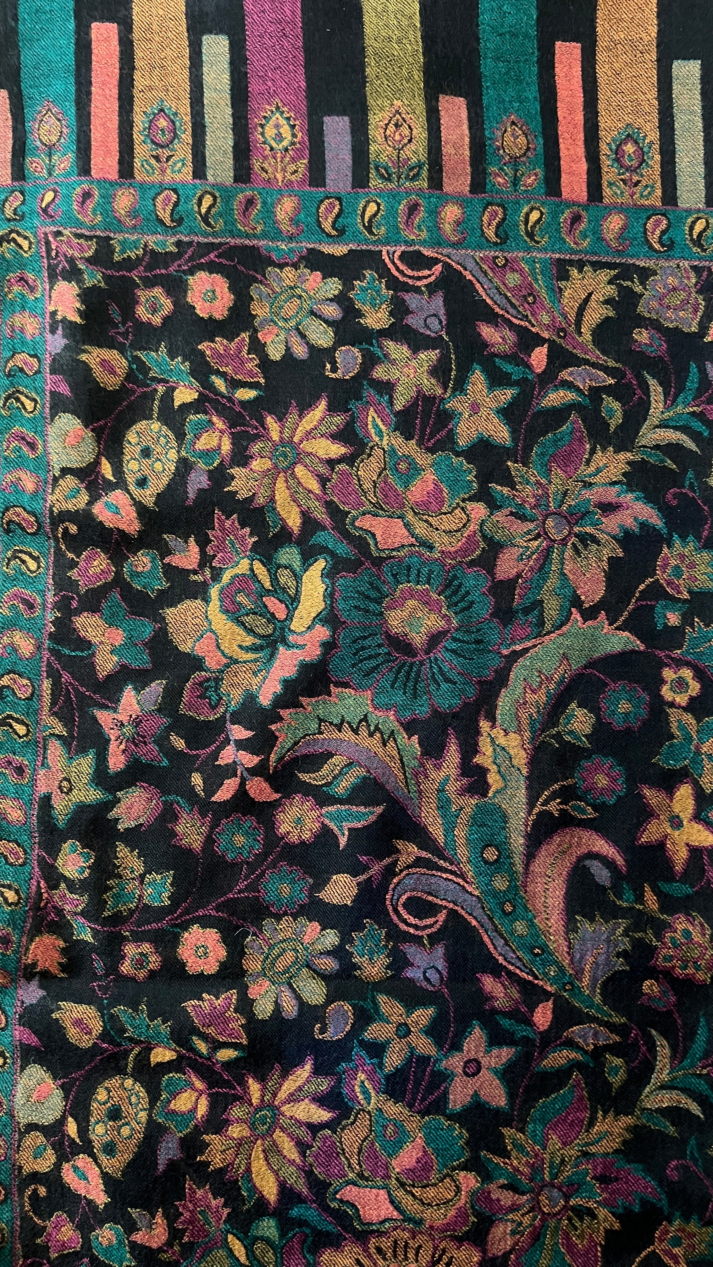 Black and Teal Floral Kani Shawl Fine Wool one of a Kind