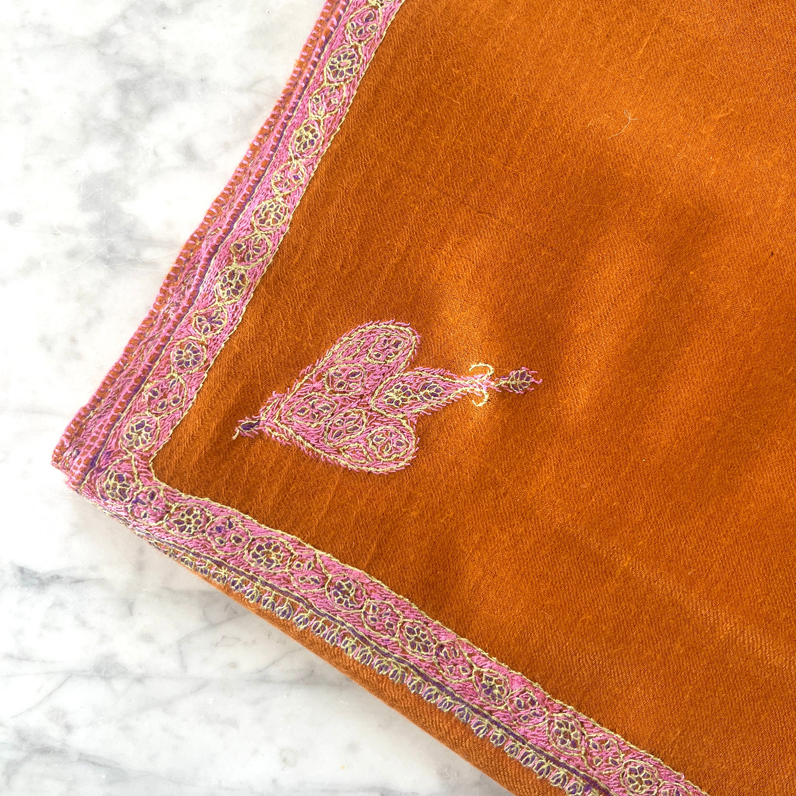 Orange Hand Embroidered Pashmina Shawl One of a Kind