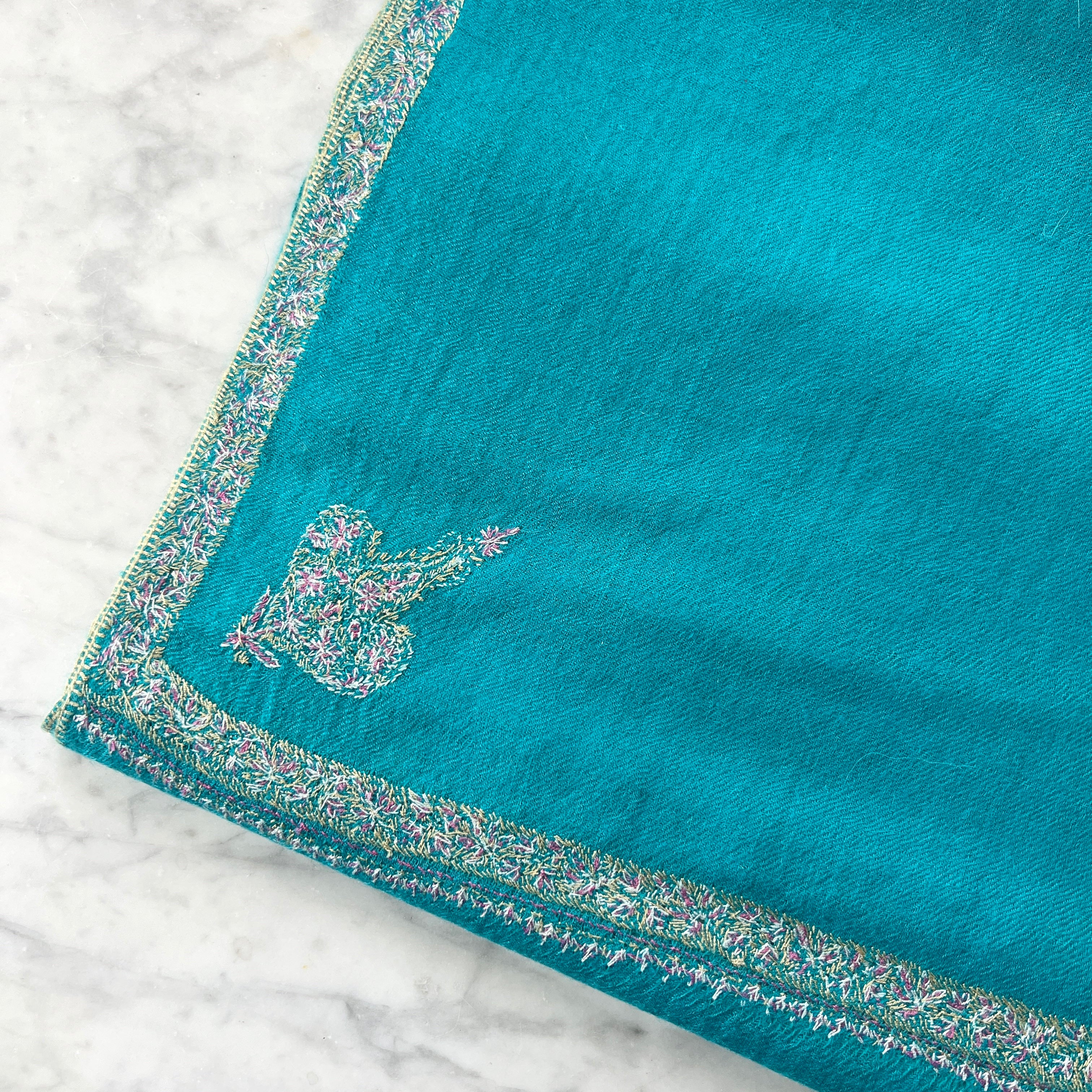 Turquoise Hand Embroidered Pashmina Shawl One of a Kind