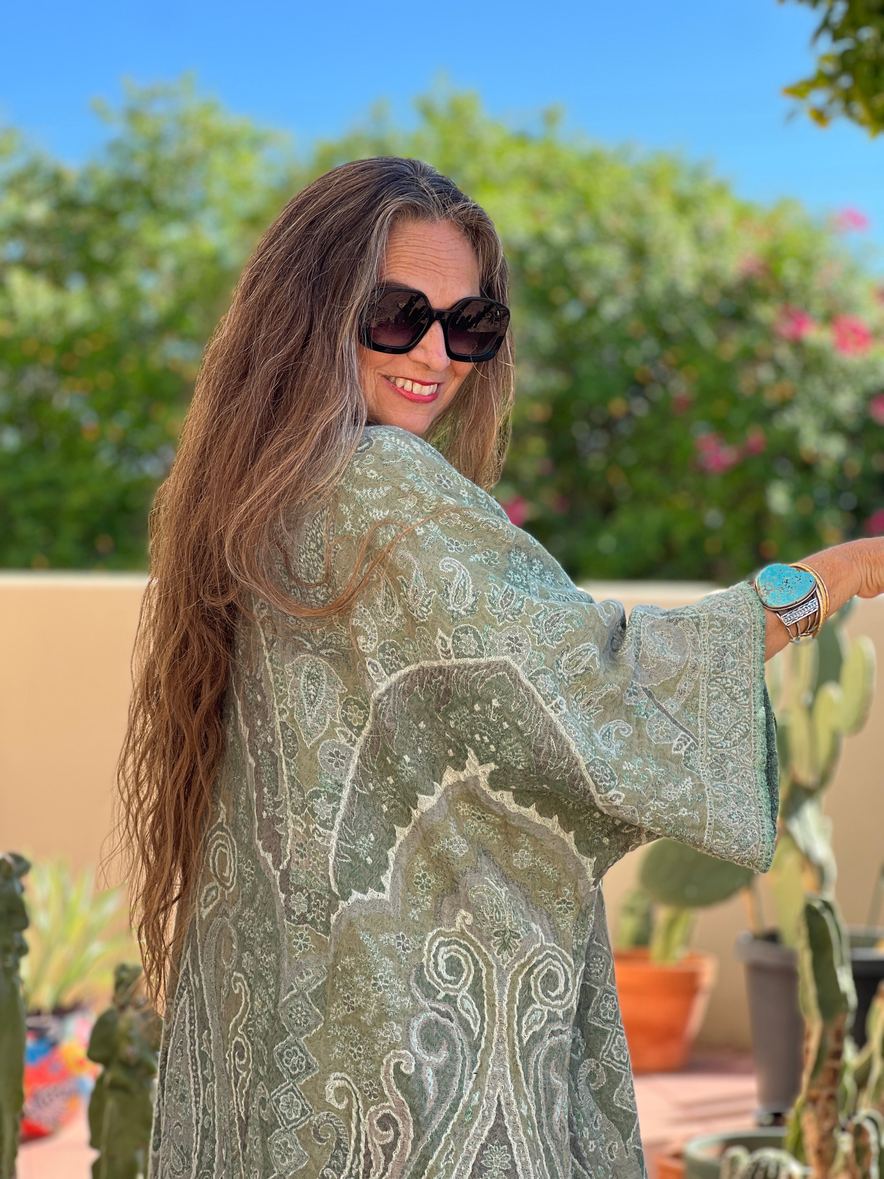 Hara Green Paisley Boiled Wool Kimono Coat