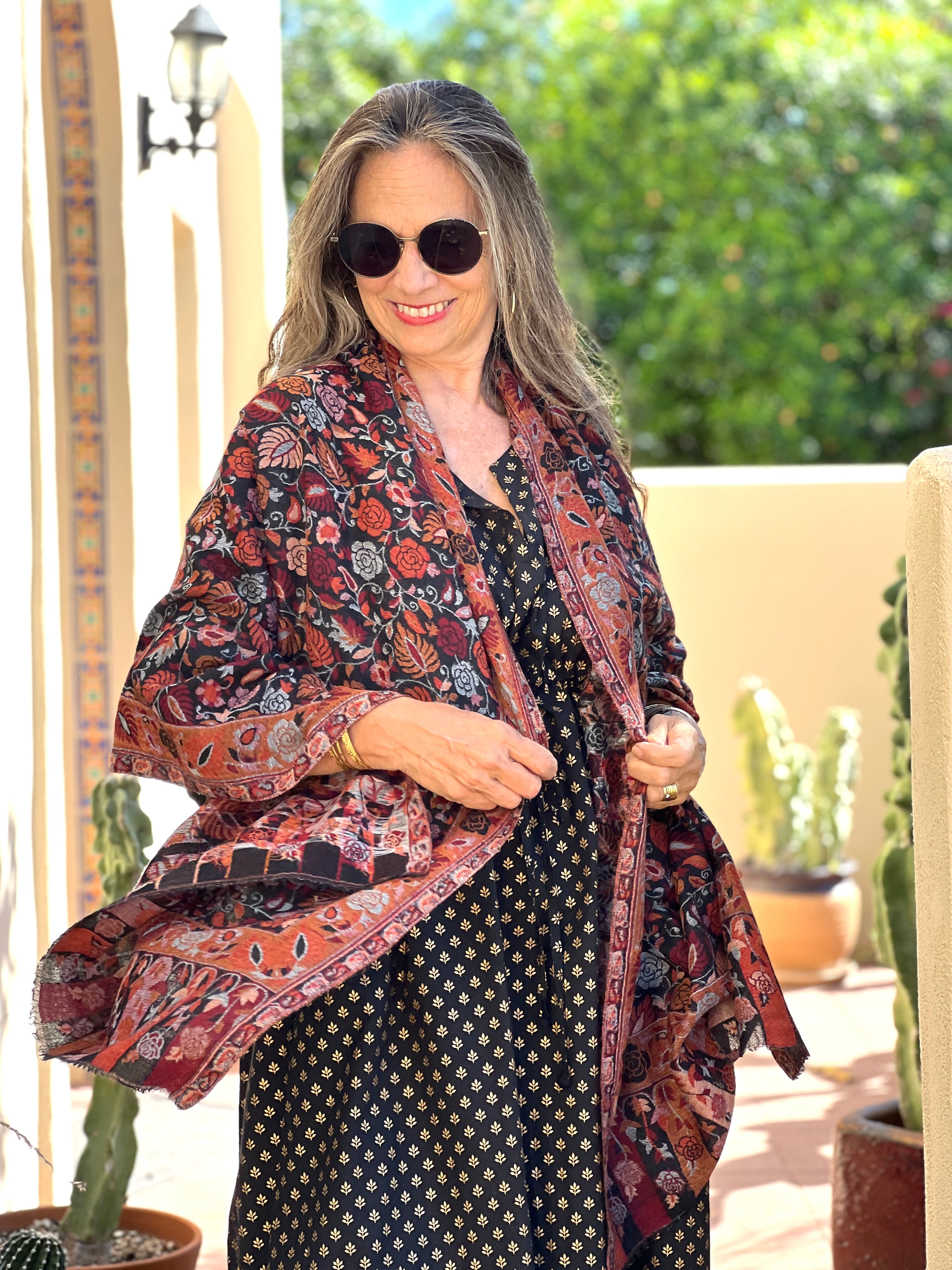 Black Floral Medley Kani Fine Wool Shawl One of a Kind