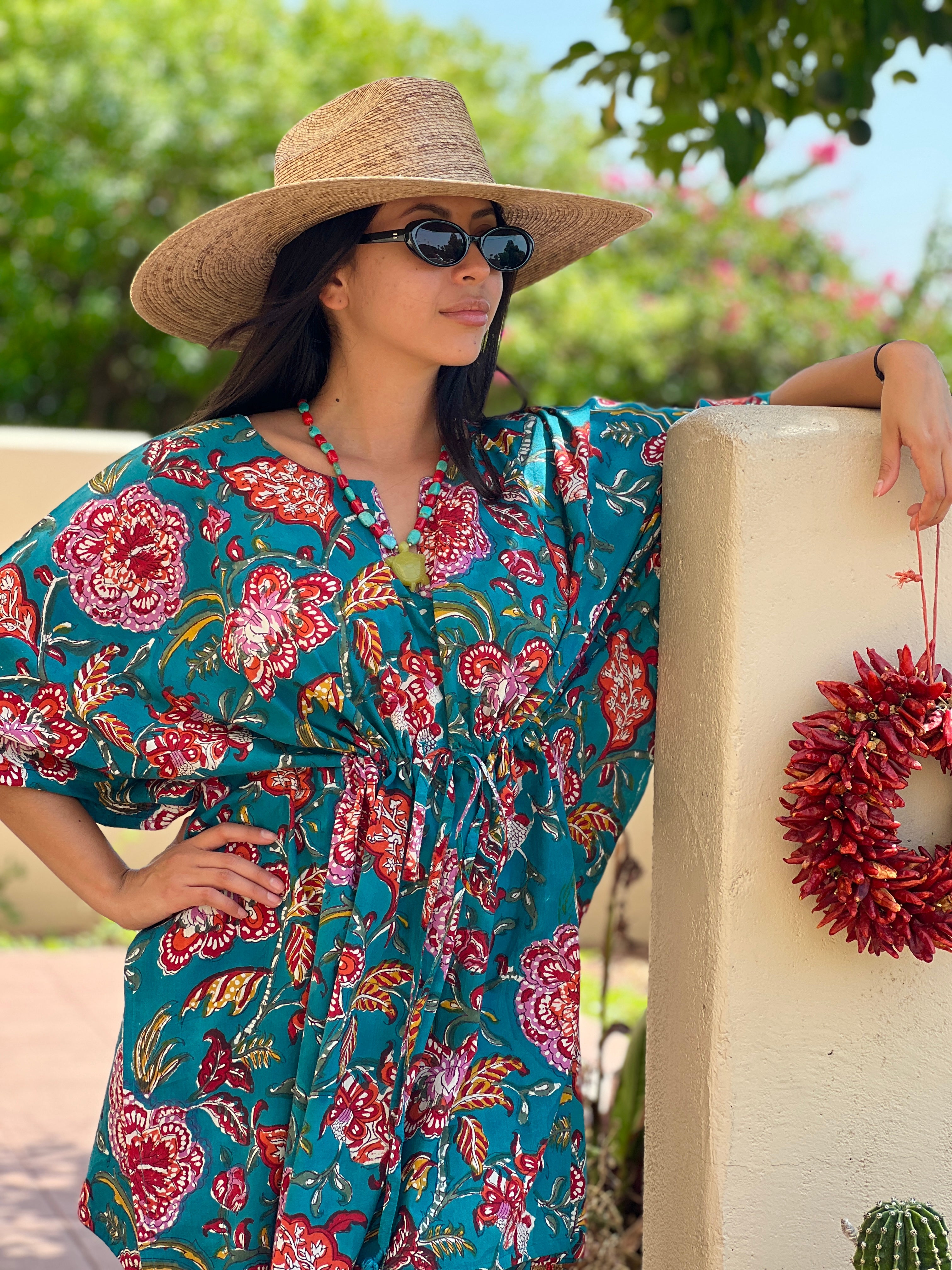 Tahitian Teal Floral Midi Kaftan Dress