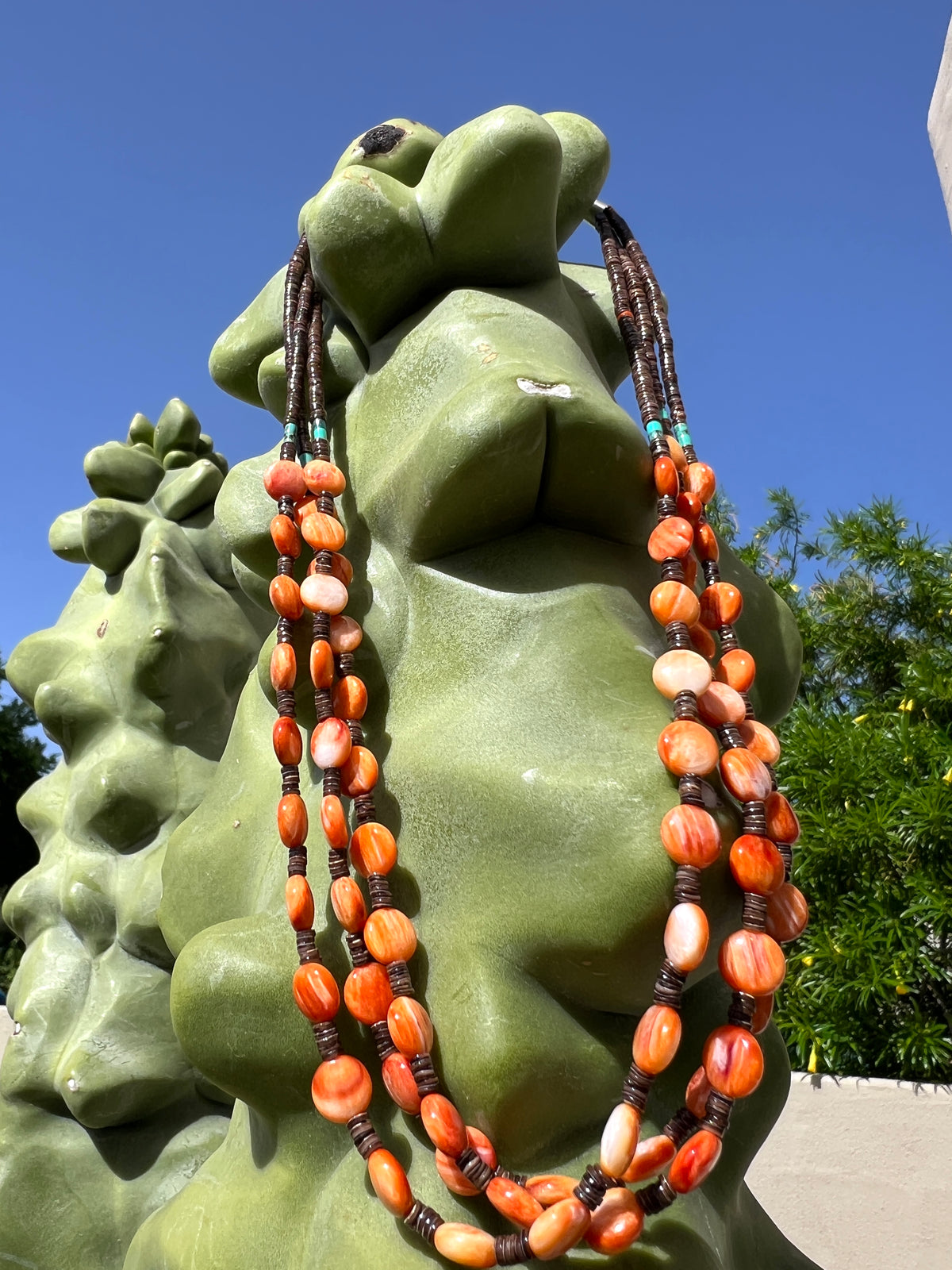 Orange Spiny Oyster and Heishi Shell Three Strand Necklace Santo Domingo