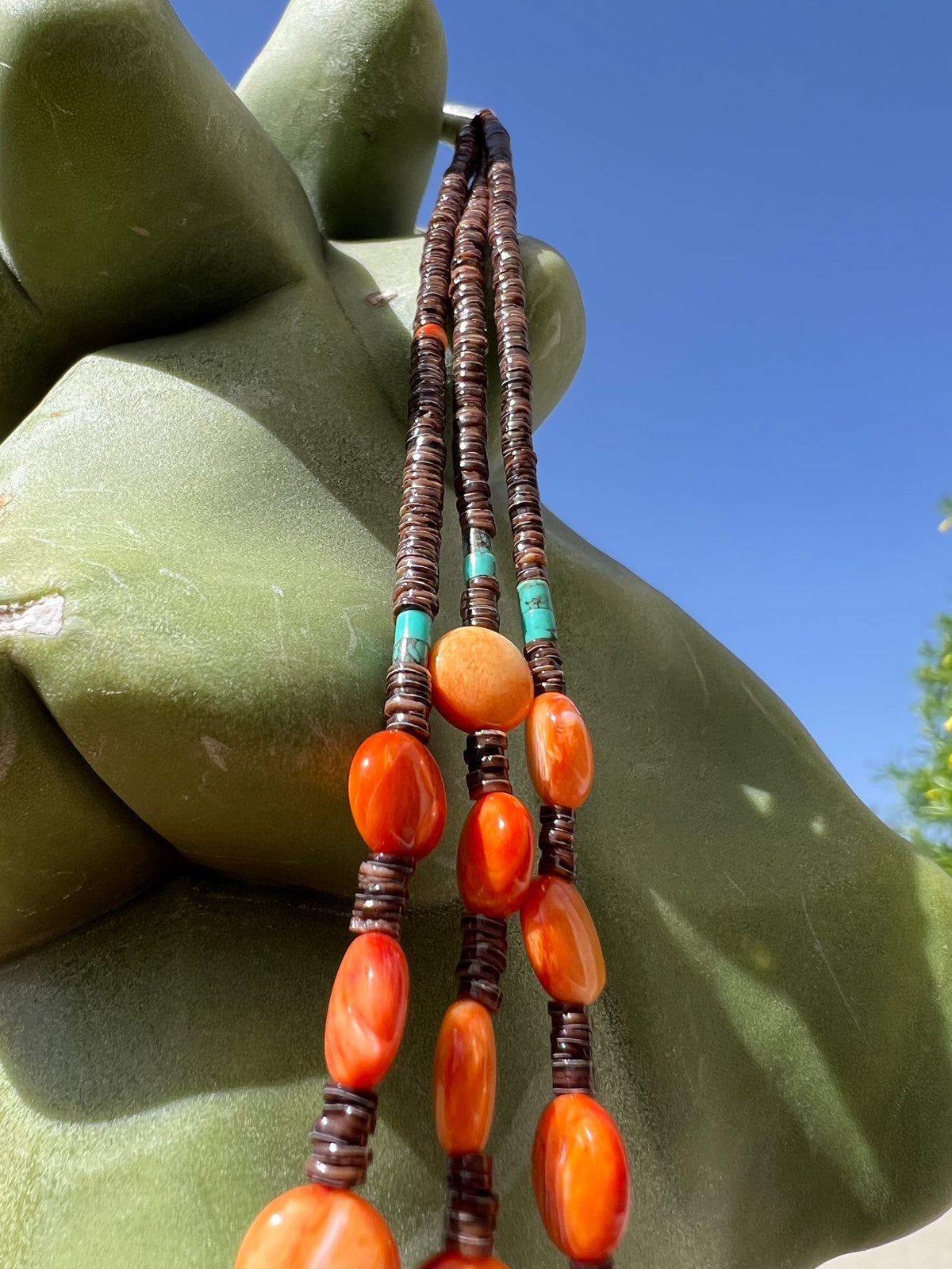 Orange Spiny Oyster and Heishi Shell Three Strand Necklace Santo Domingo