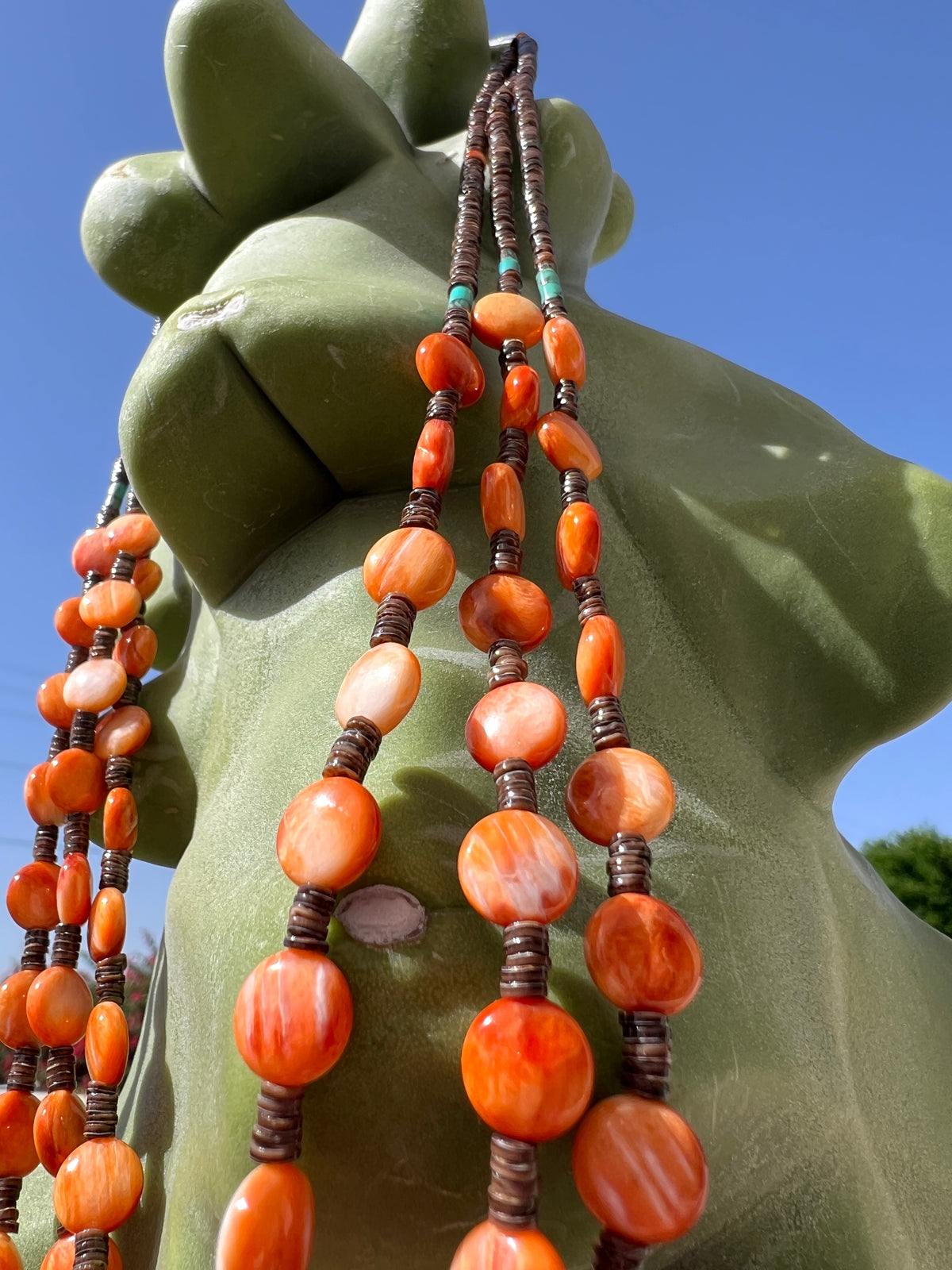 Orange Spiny Oyster and Heishi Shell Three Strand Necklace Santo Domingo