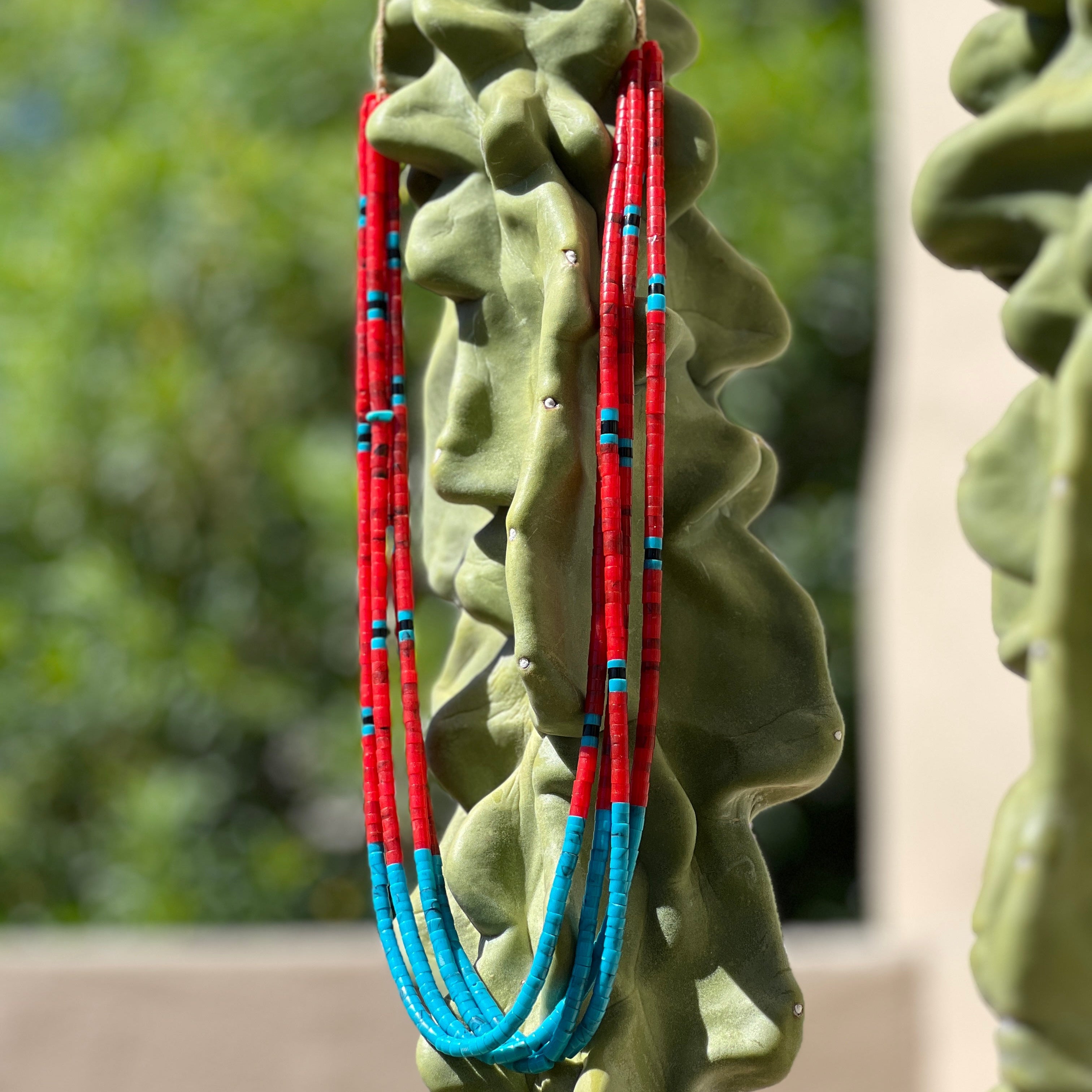Turquoise and Apple Coral Four Strand Santo Domingo Necklace