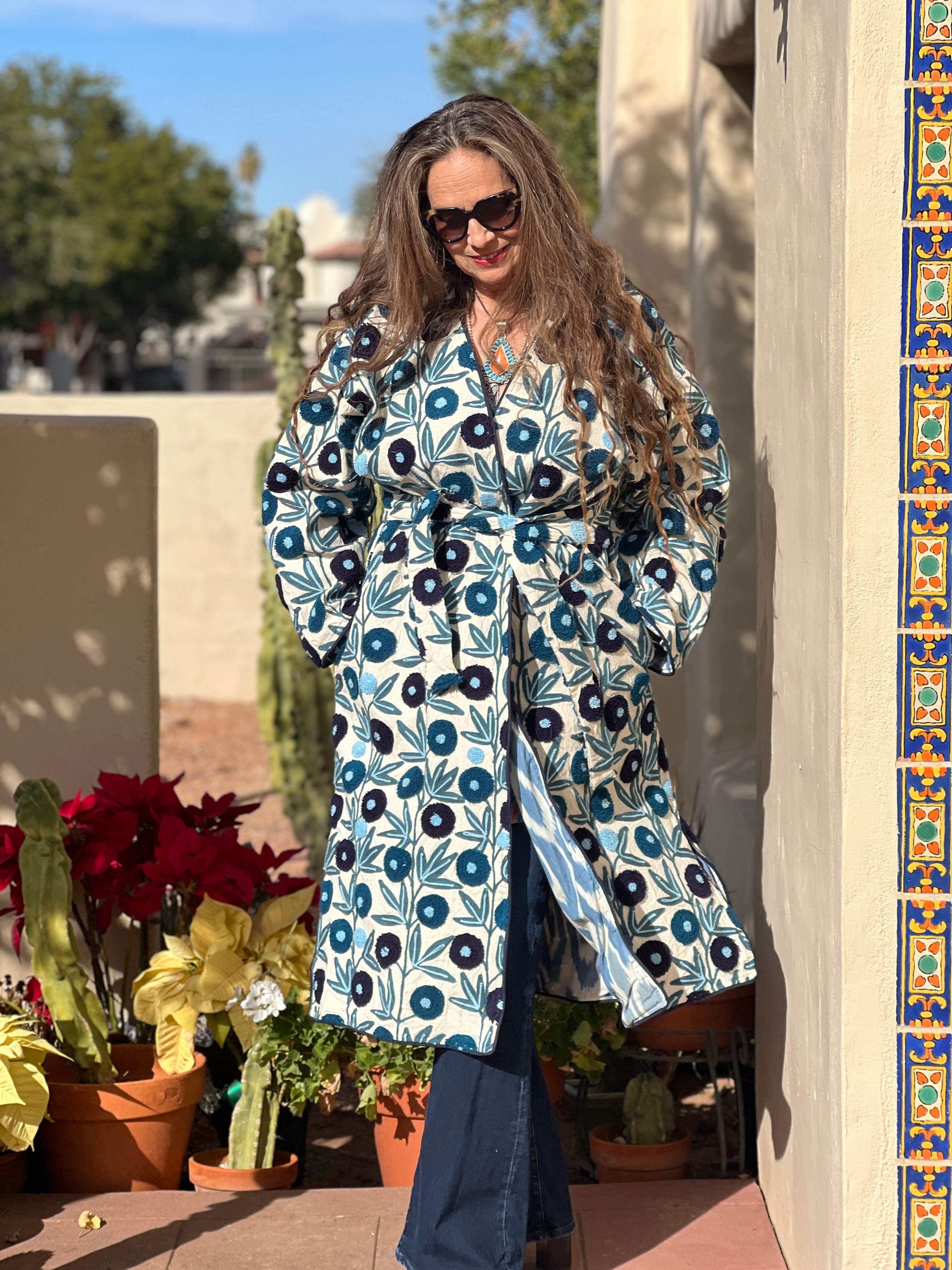 Surat Blue Floral Embroidered Coat ONE OF A KIND