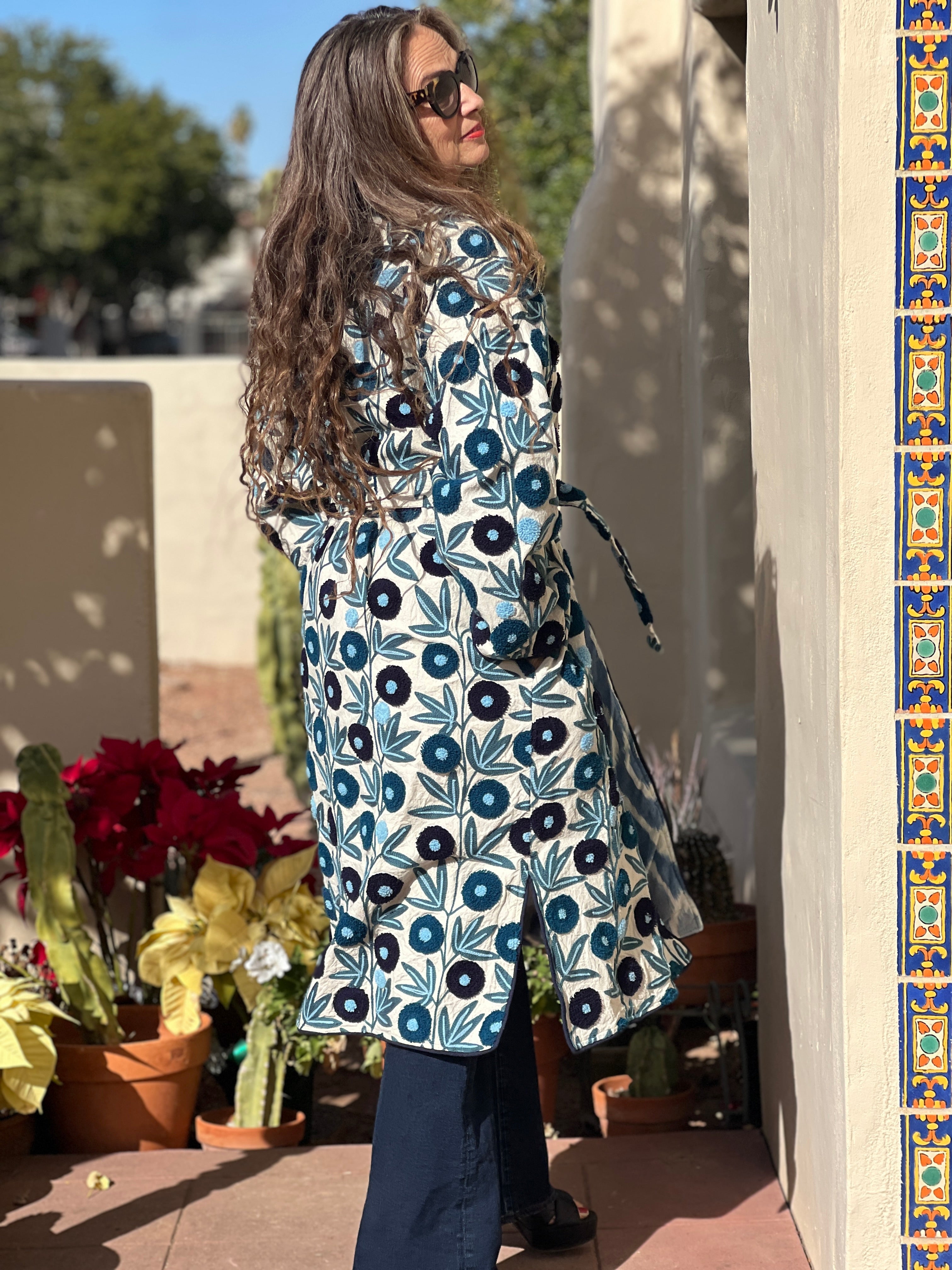 Surat Blue Floral Embroidered Coat ONE OF A KIND