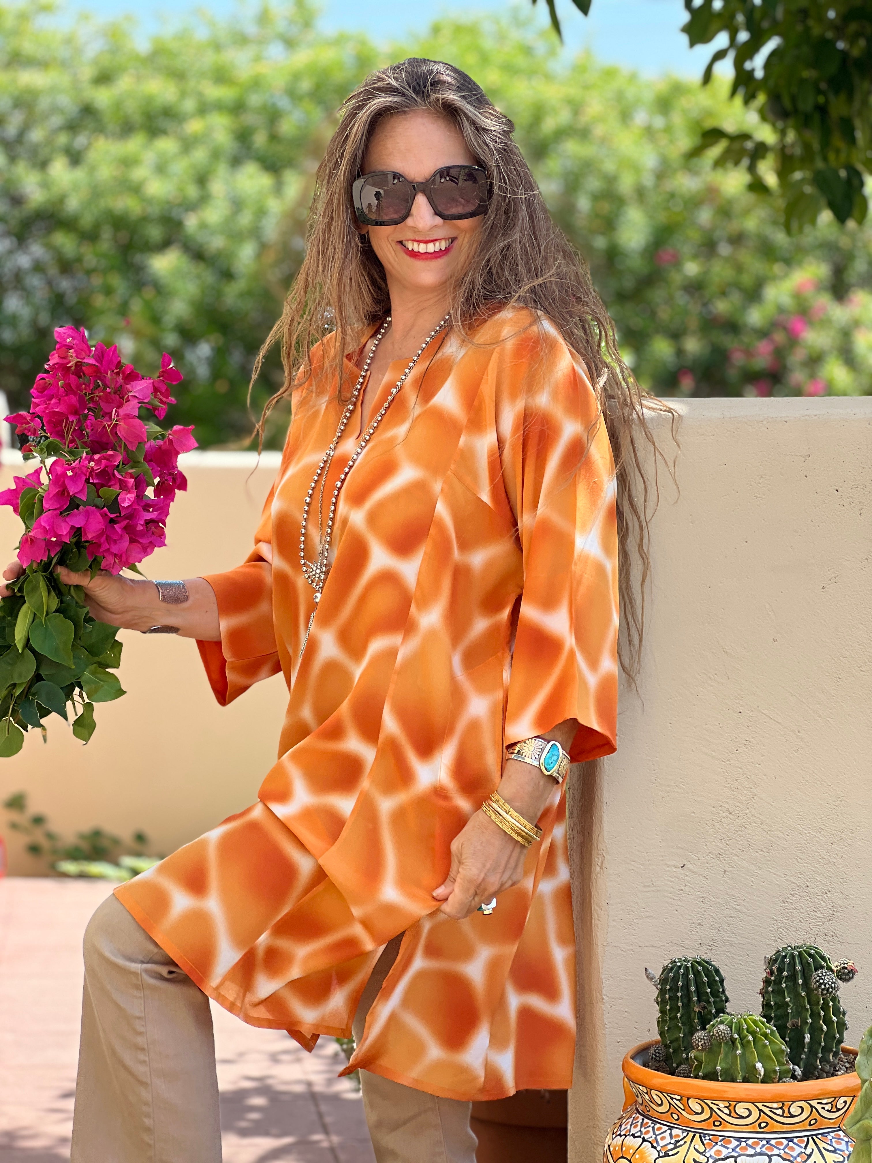 Zirafa Giraffa Orange Italian silk Tunic