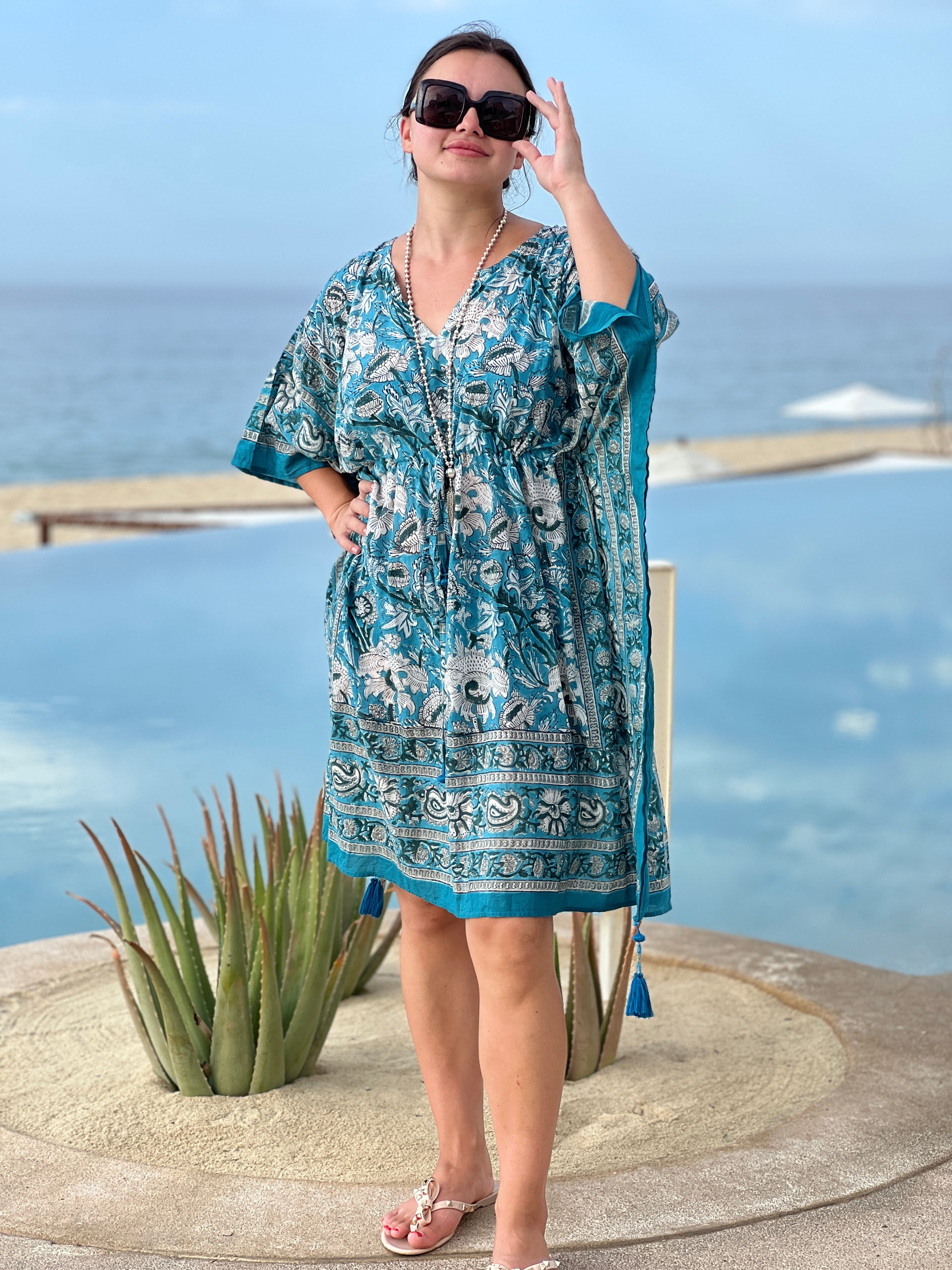 Aegean Blue Floral Midi Kaftan Dress