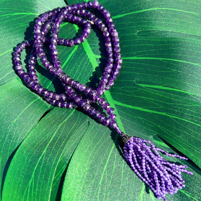 Faceted Amethyst Tassel Mala Necklace