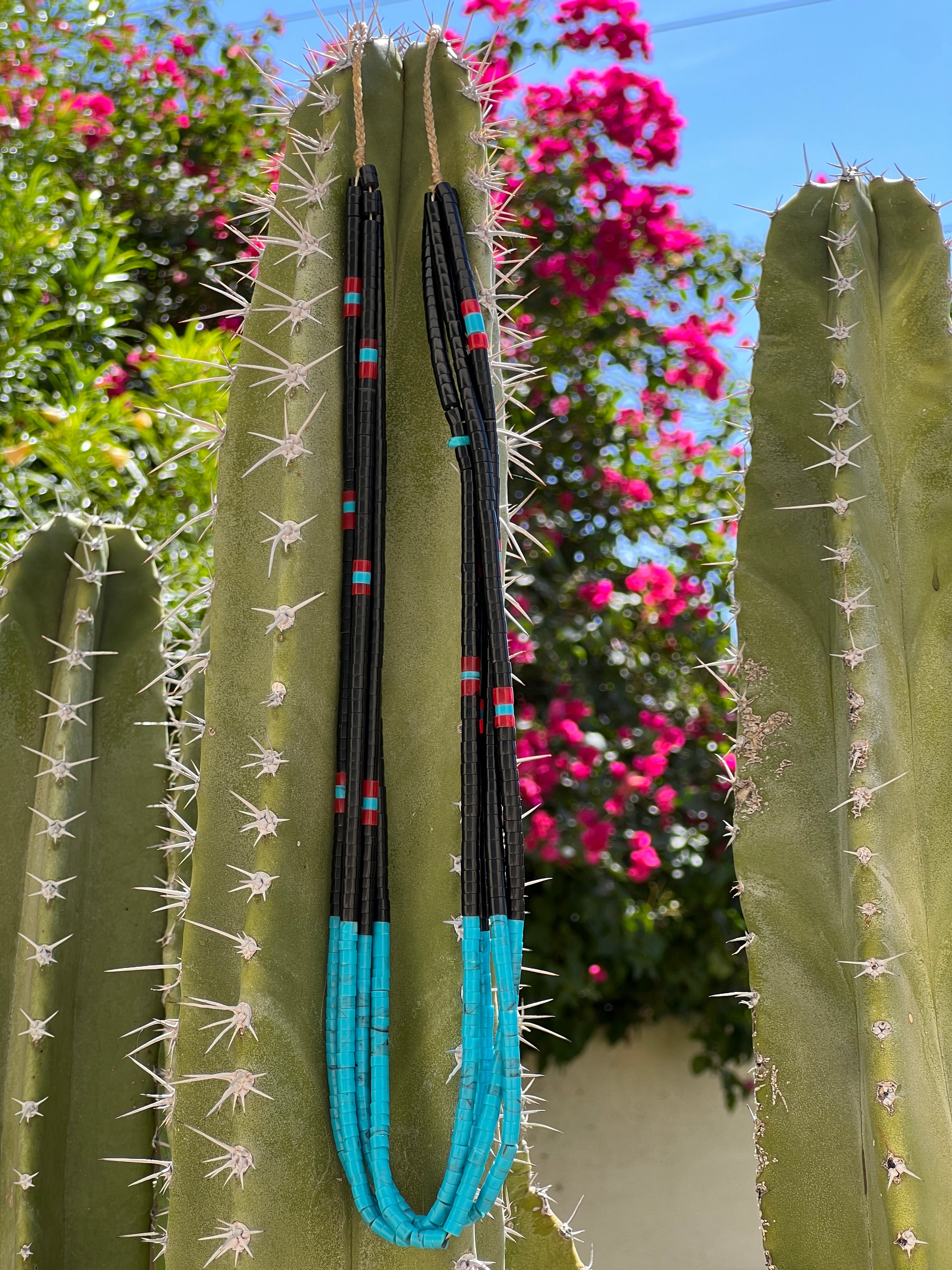 Black Jet, Turquoise, and Coral Four Strand Necklace Santo Domingo