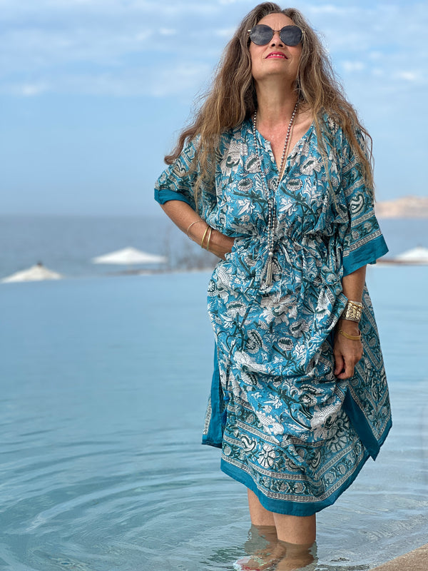 Aegean Blue Floral Maxi Kaftan Dress
