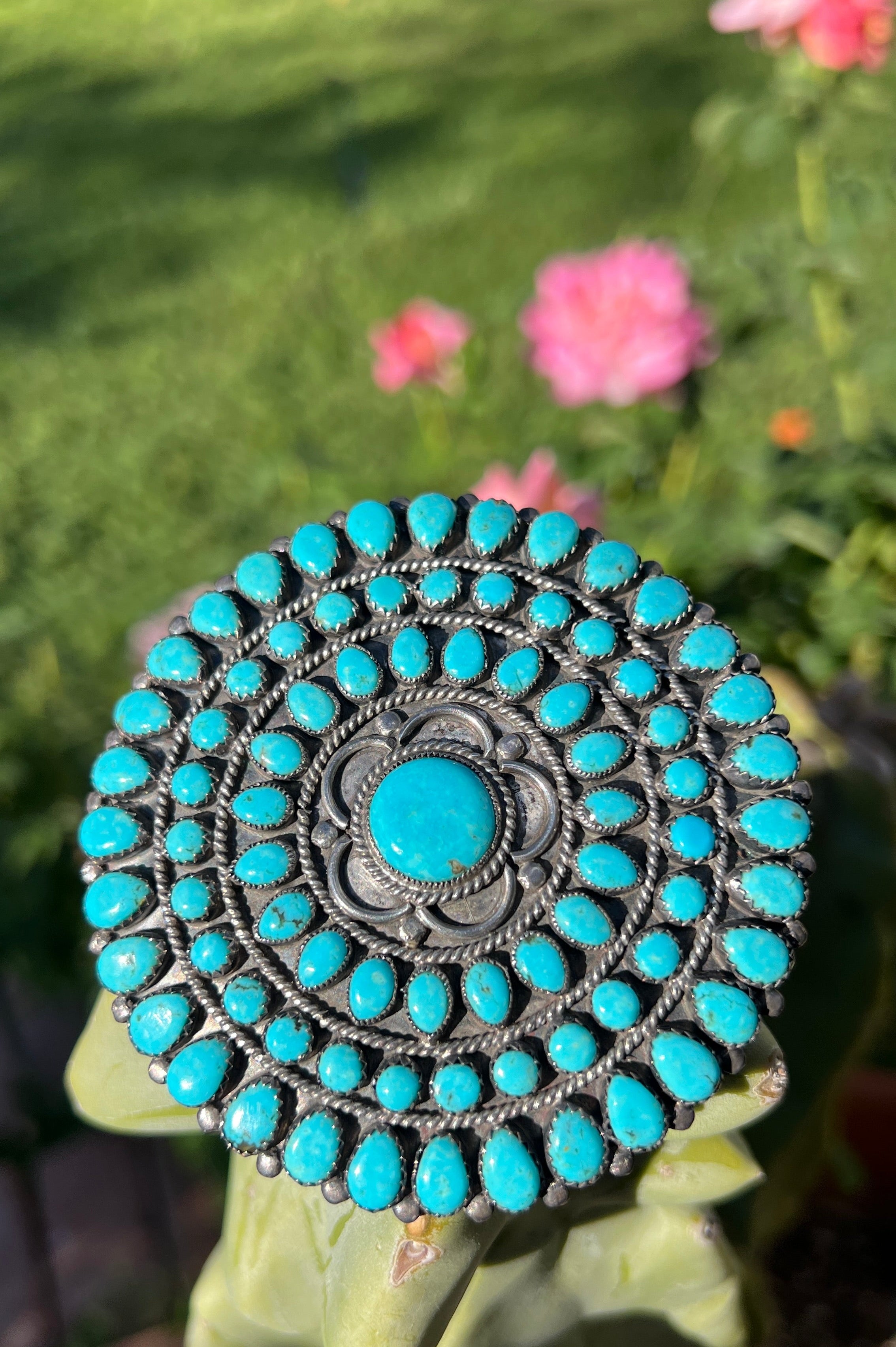 Vintage Large Navajo Turquoise Cluster Sterling Silver 3" Pendant Necklace