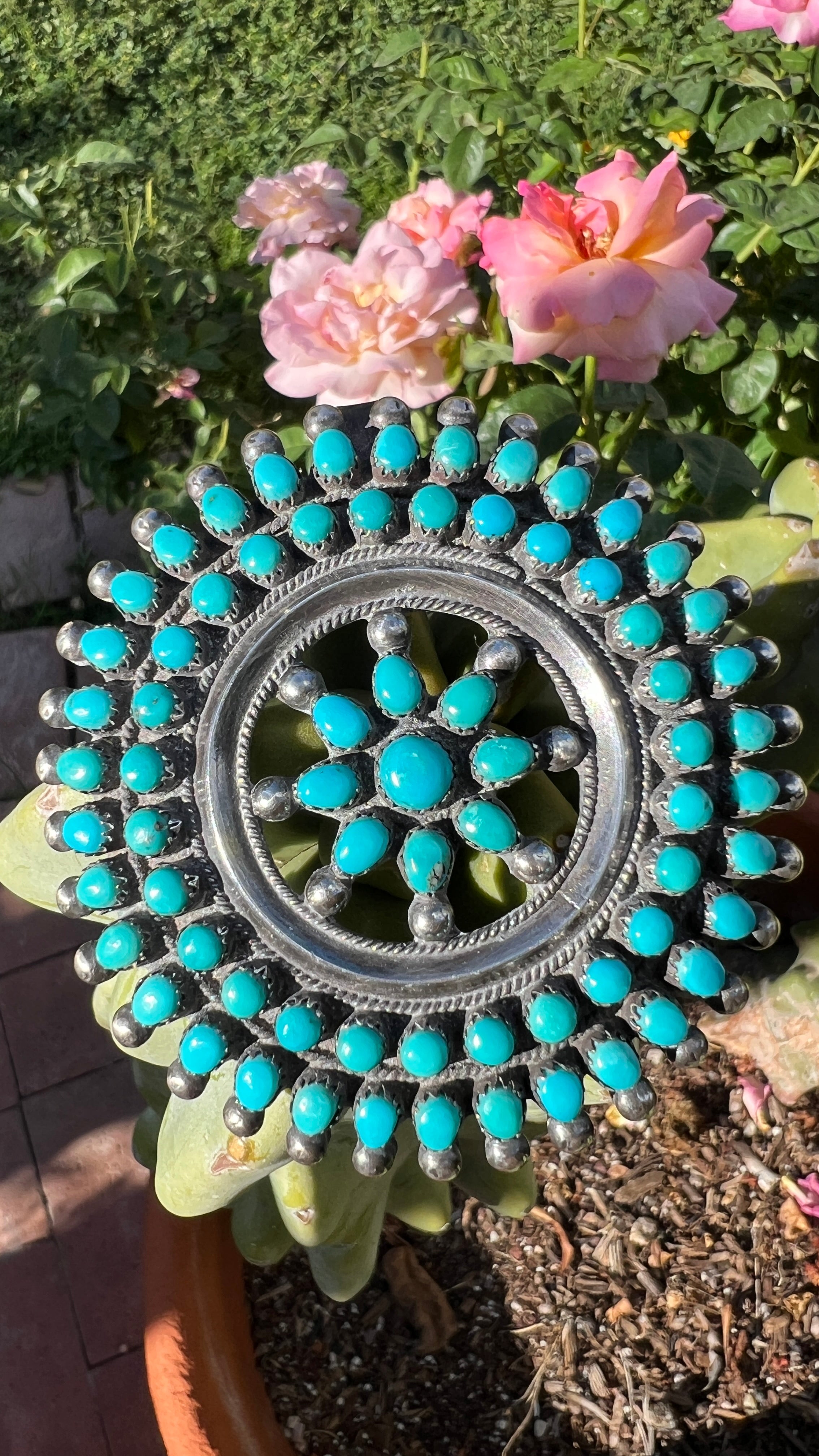 Vintage Large Zuni Silver and Turquoise Cluster Pin Pendant Necklace
