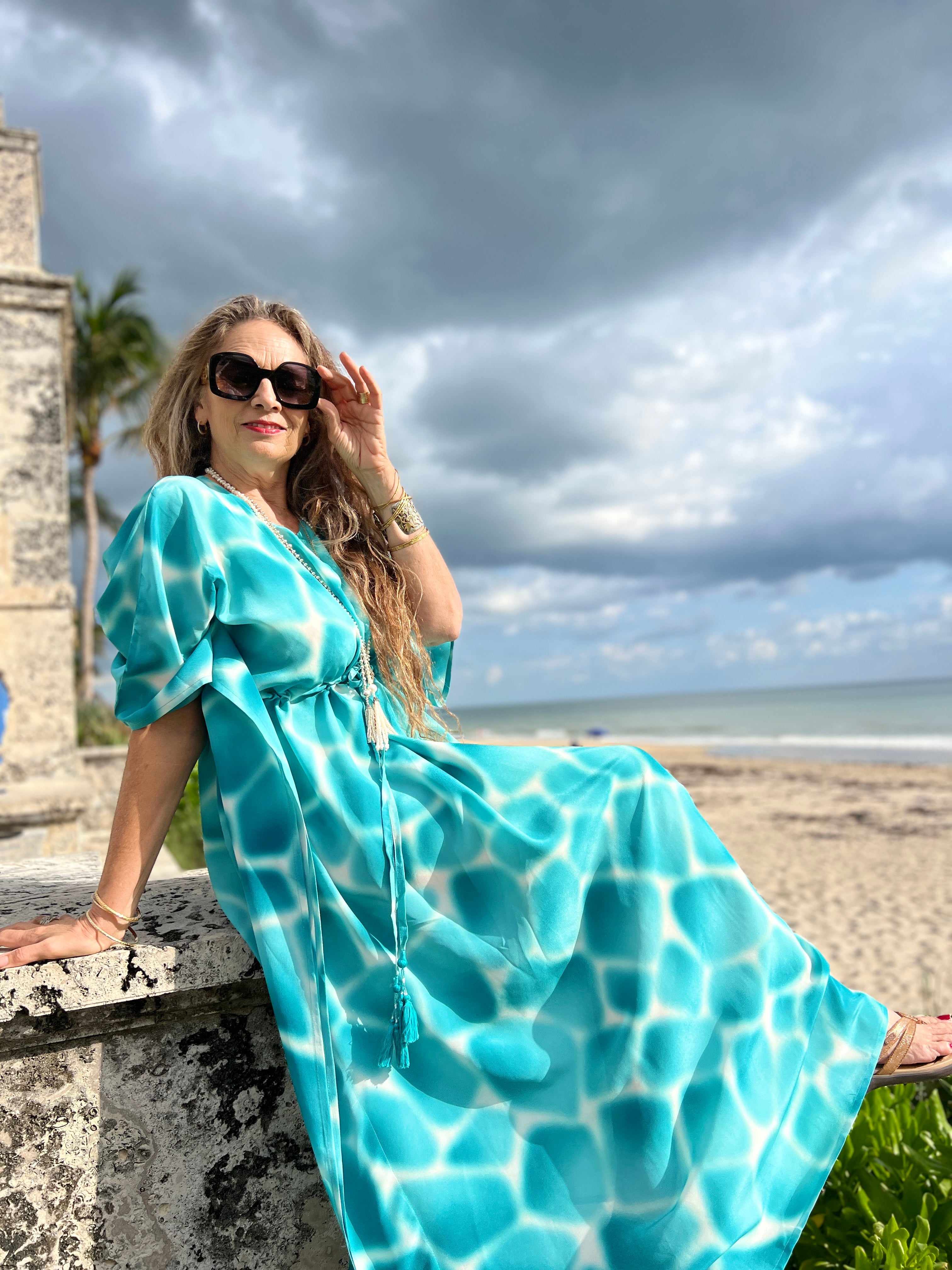 Zirafa Giraffa Seafoam Italian Silk Maxi Kaftan Dress