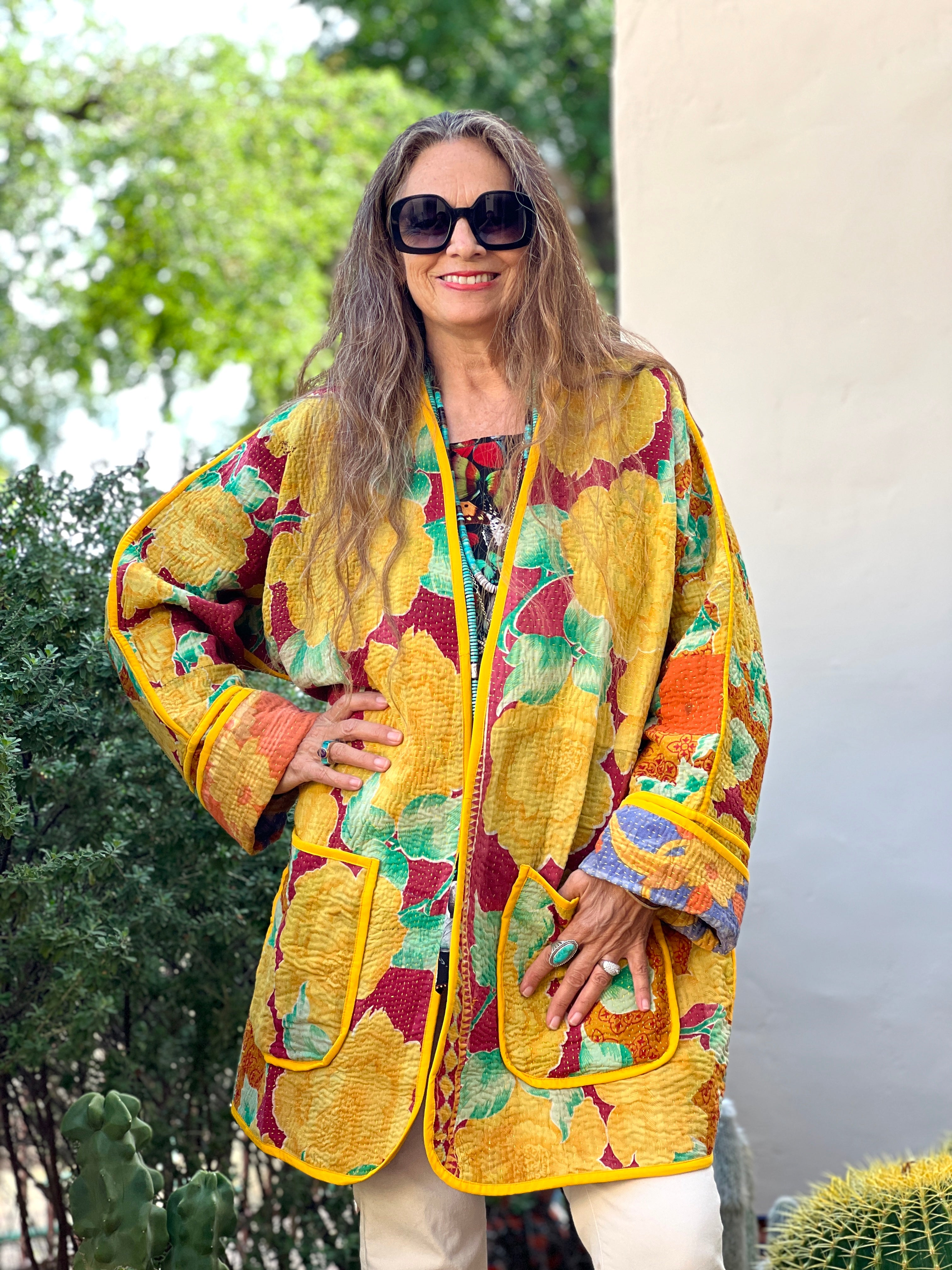 Peela Cotton Kantha Coat One of a Kind