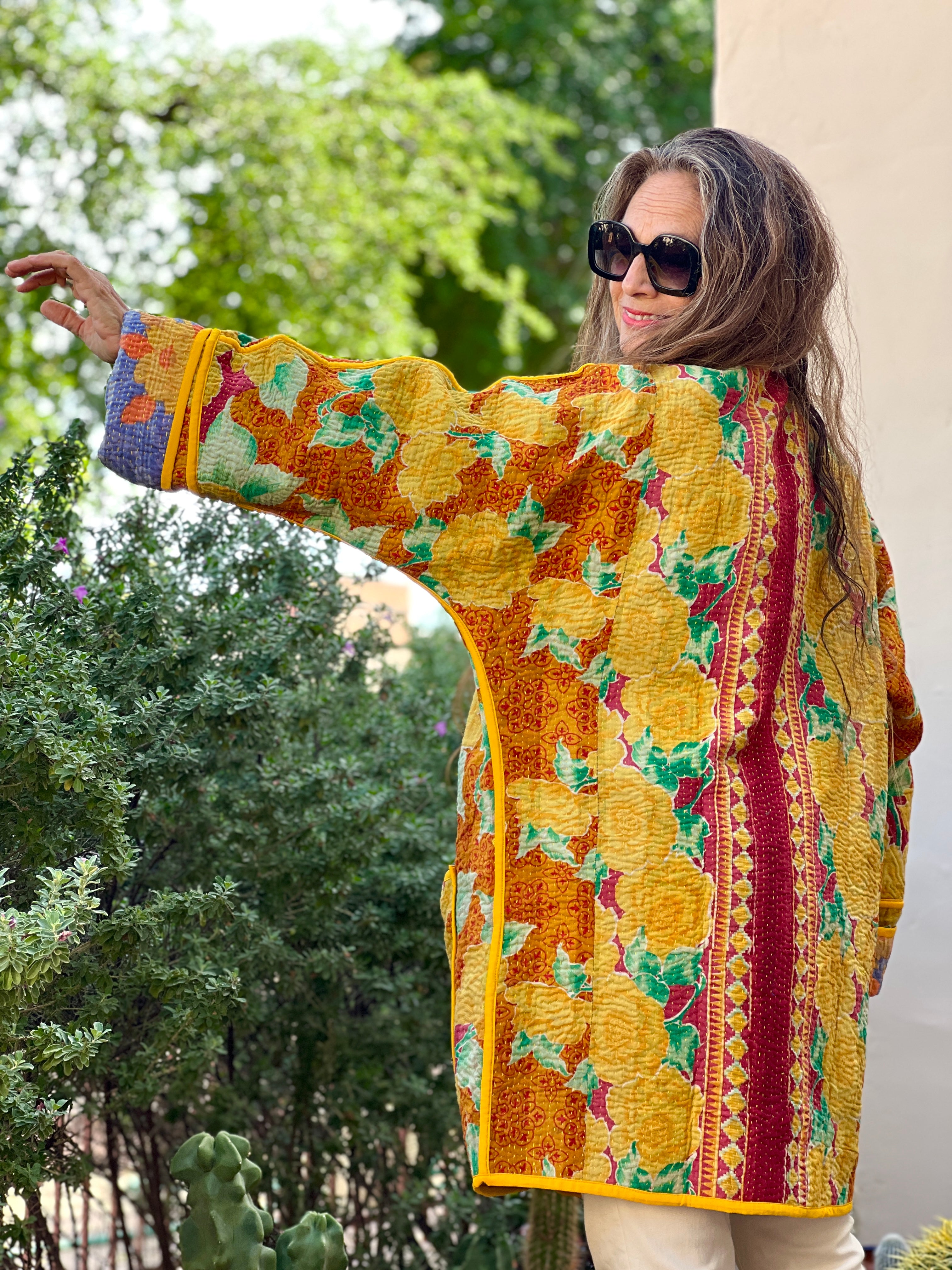 Peela Cotton Kantha Coat One of a Kind