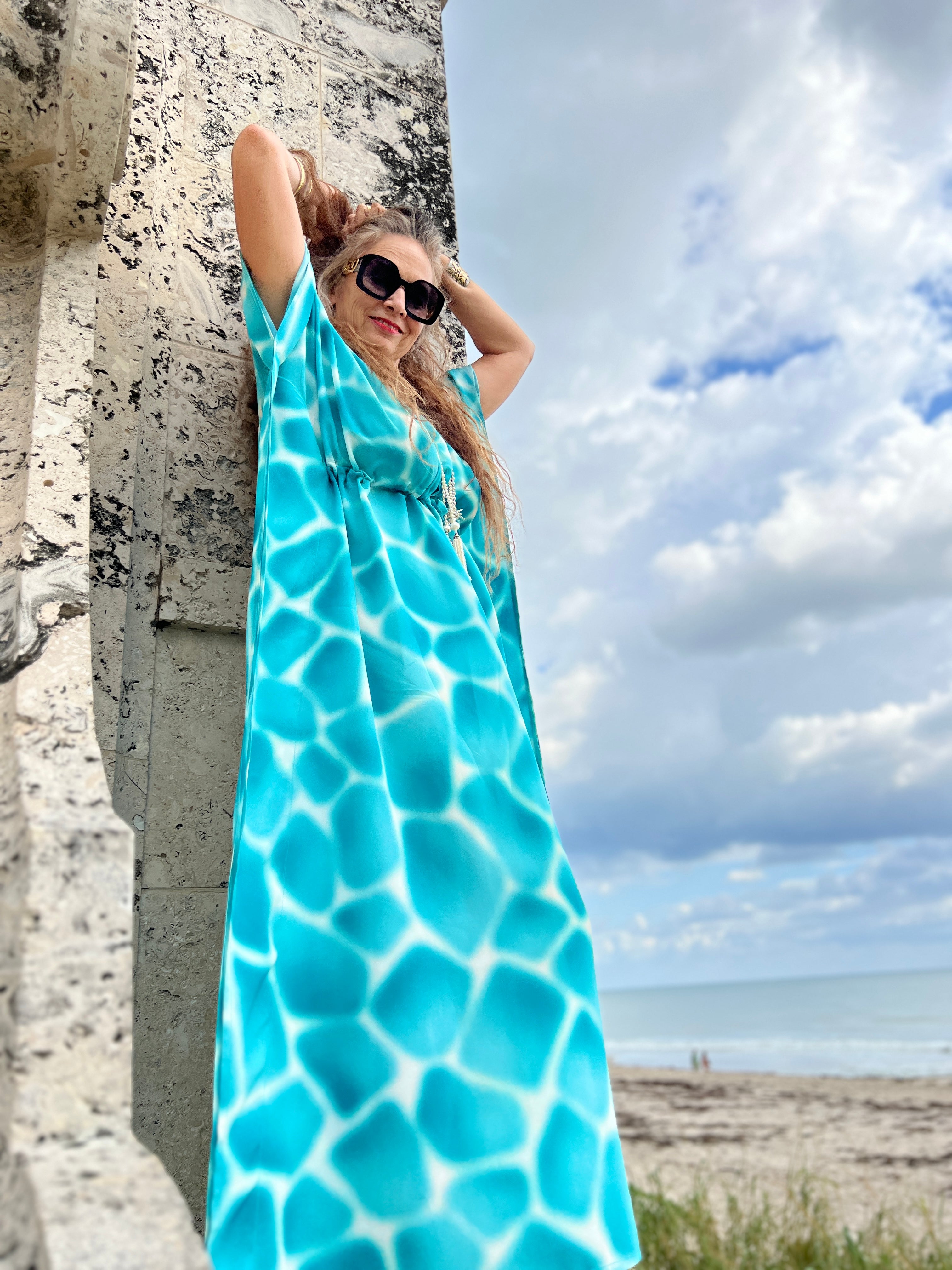 Zirafa Giraffa Seafoam Italian Silk Maxi Kaftan Dress