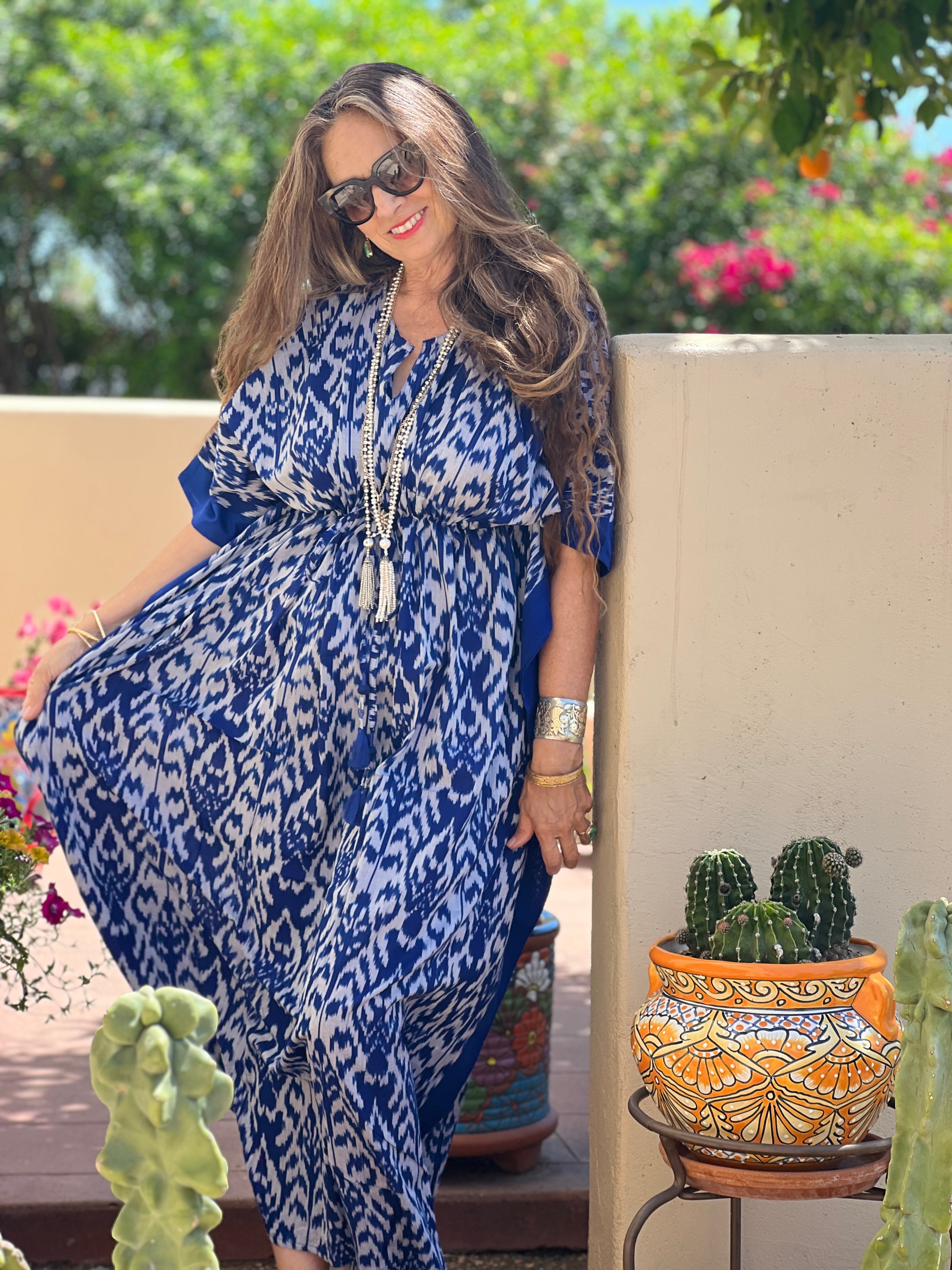 Bondi Blue Ikat Maxi Kaftan Hand Woven