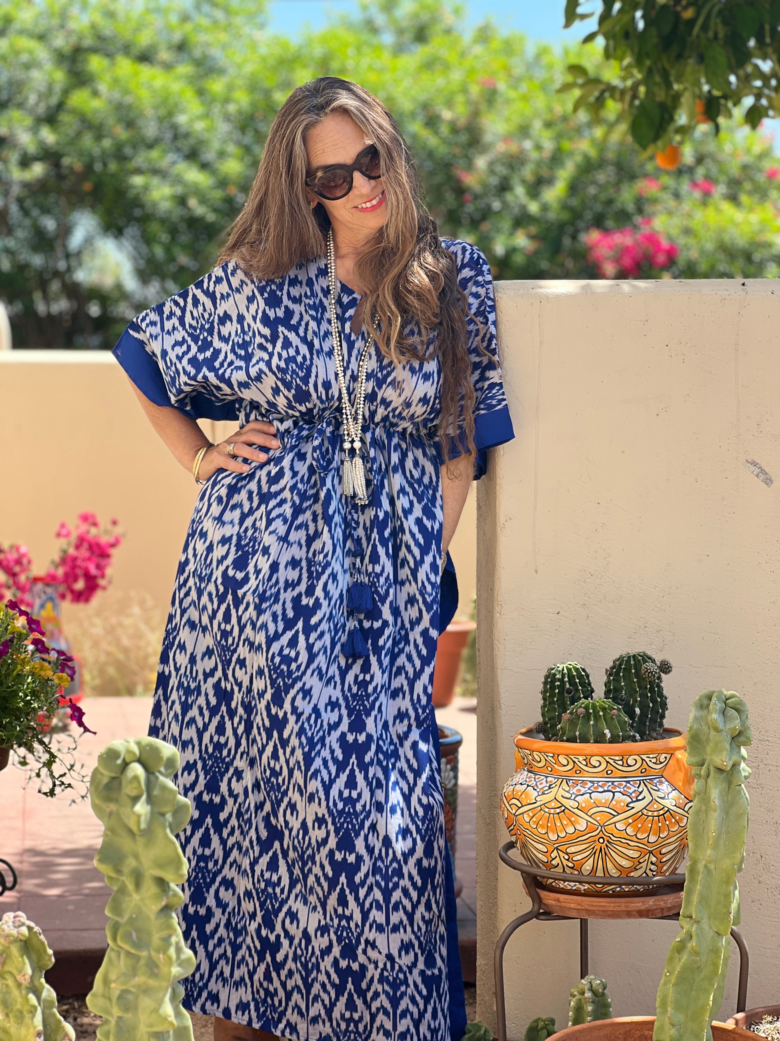 Bondi Blue Ikat Maxi Kaftan Hand Woven