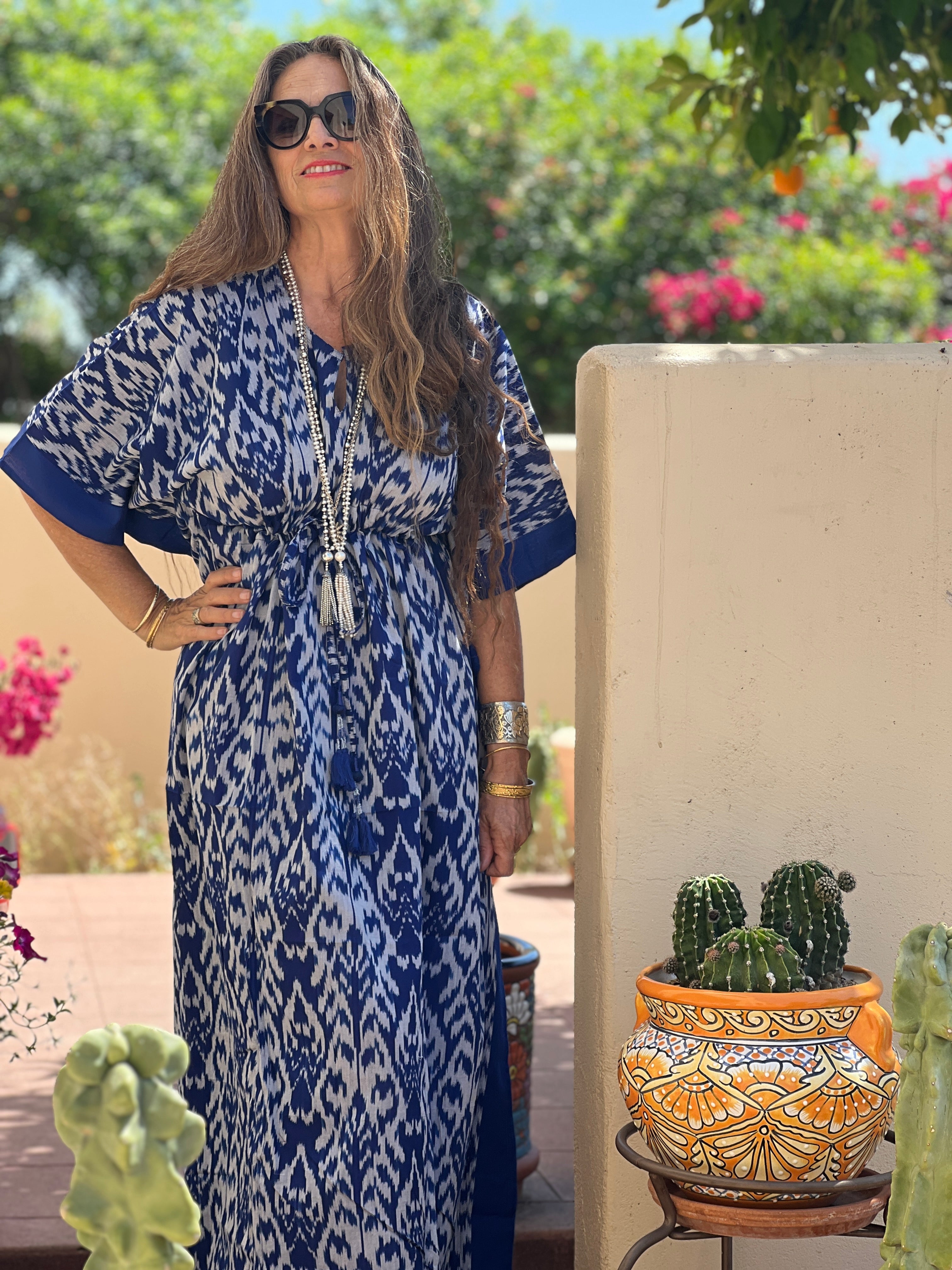 Bondi Blue Ikat Maxi Kaftan Hand Woven