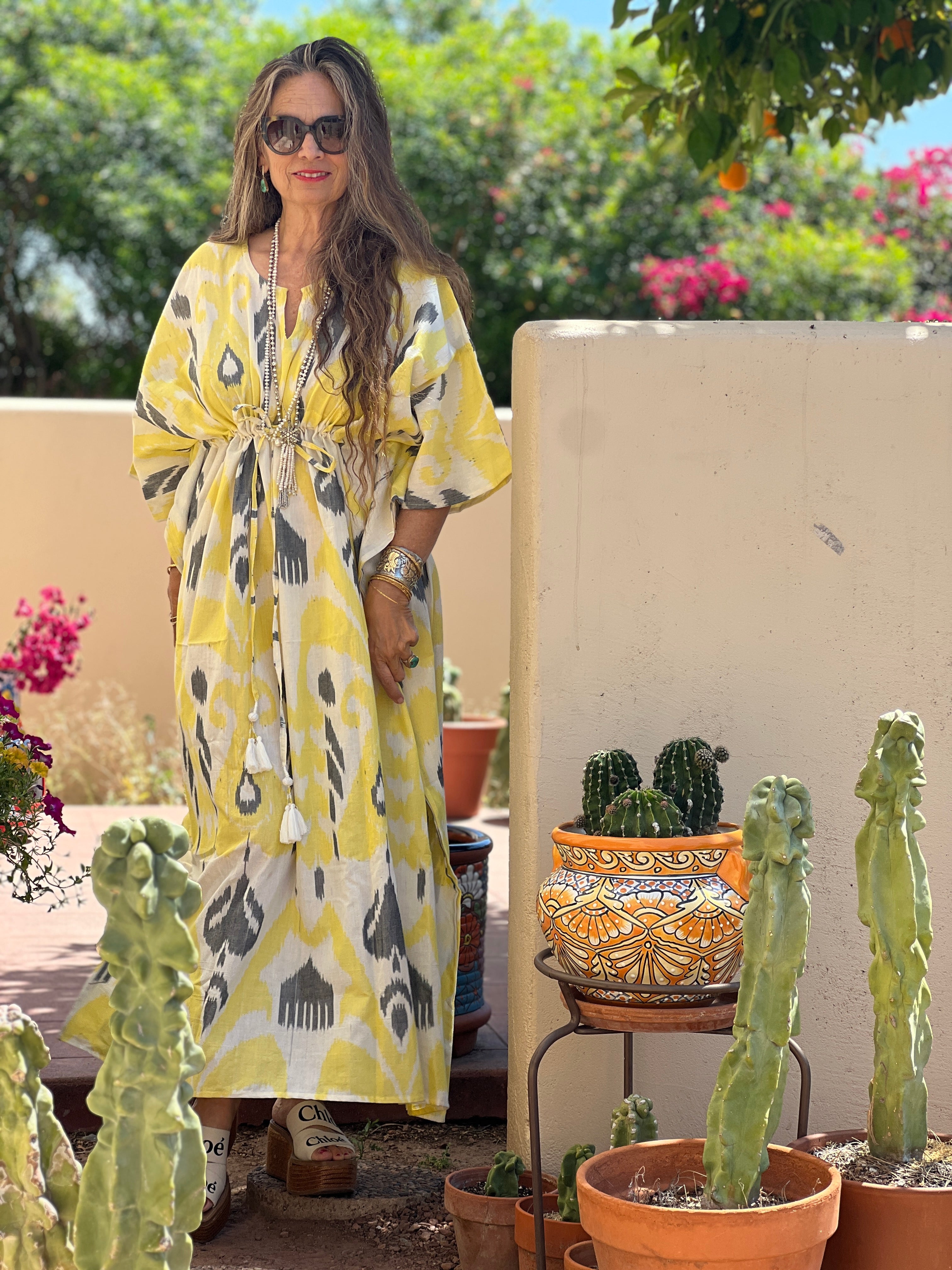 Livorno Lemon Cotton Ikat Maxi Kaftan Dress Hand Woven Only Two Available