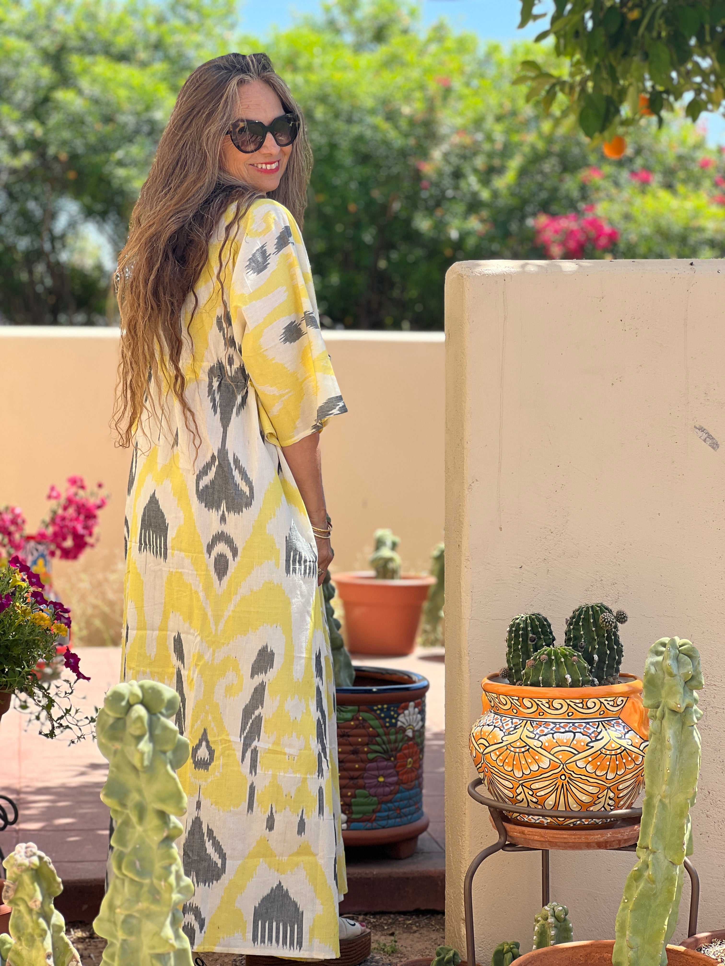 Livorno Lemon Cotton Ikat Maxi Kaftan Dress Hand Woven Only Two Available