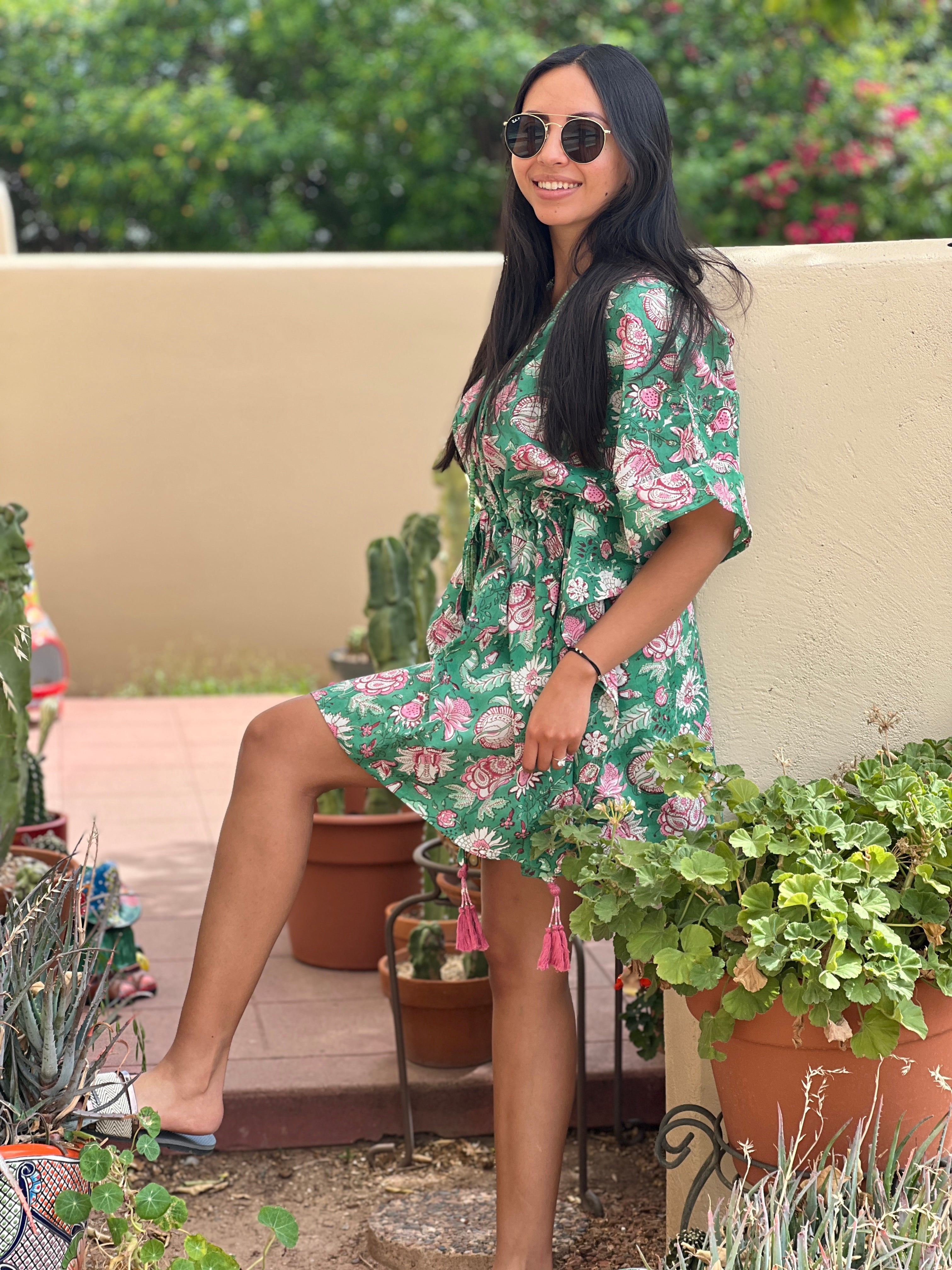 Capri Green Floral Short Kaftan Dress
