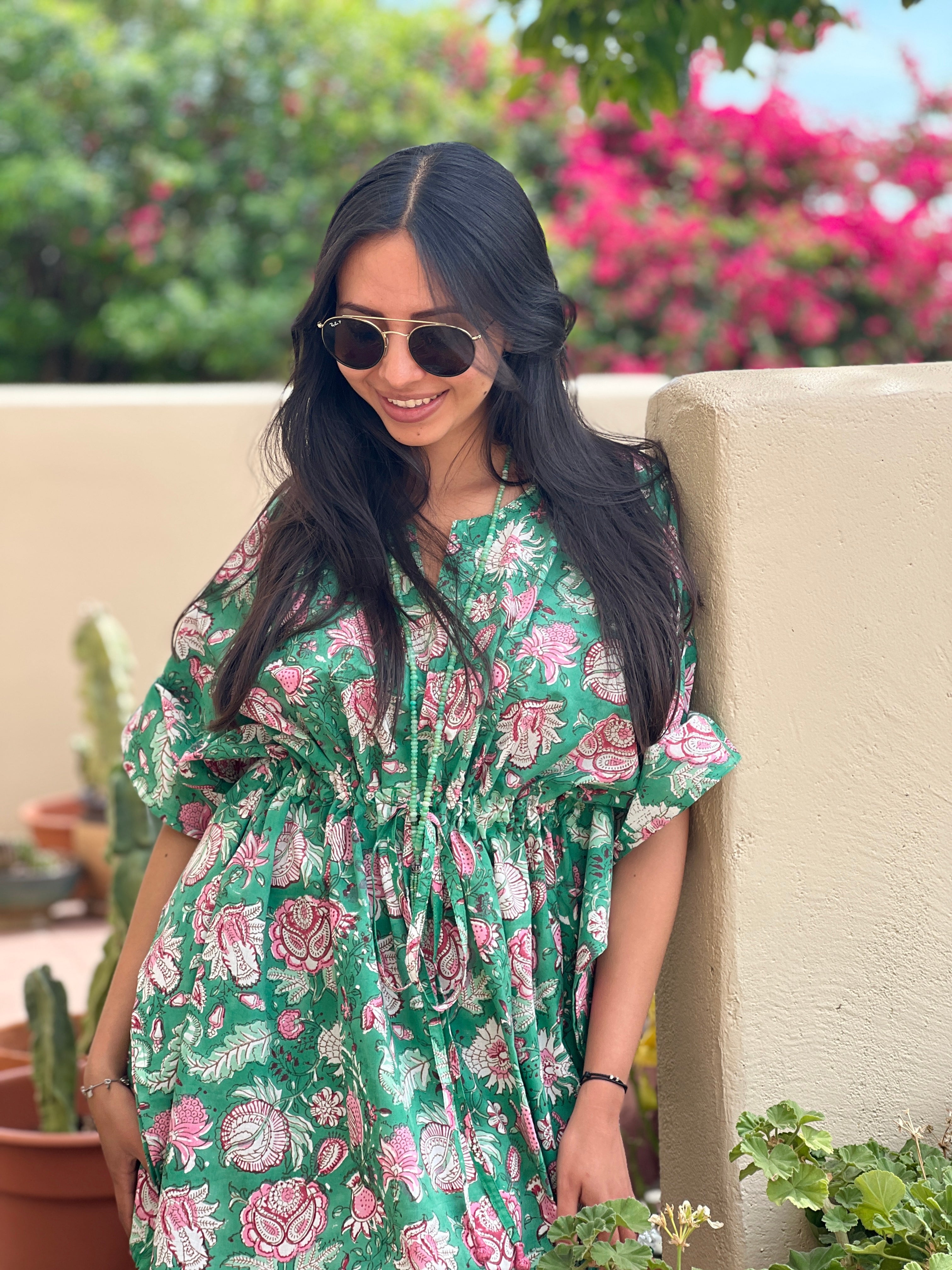 Capri Green Floral Short Kaftan Dress