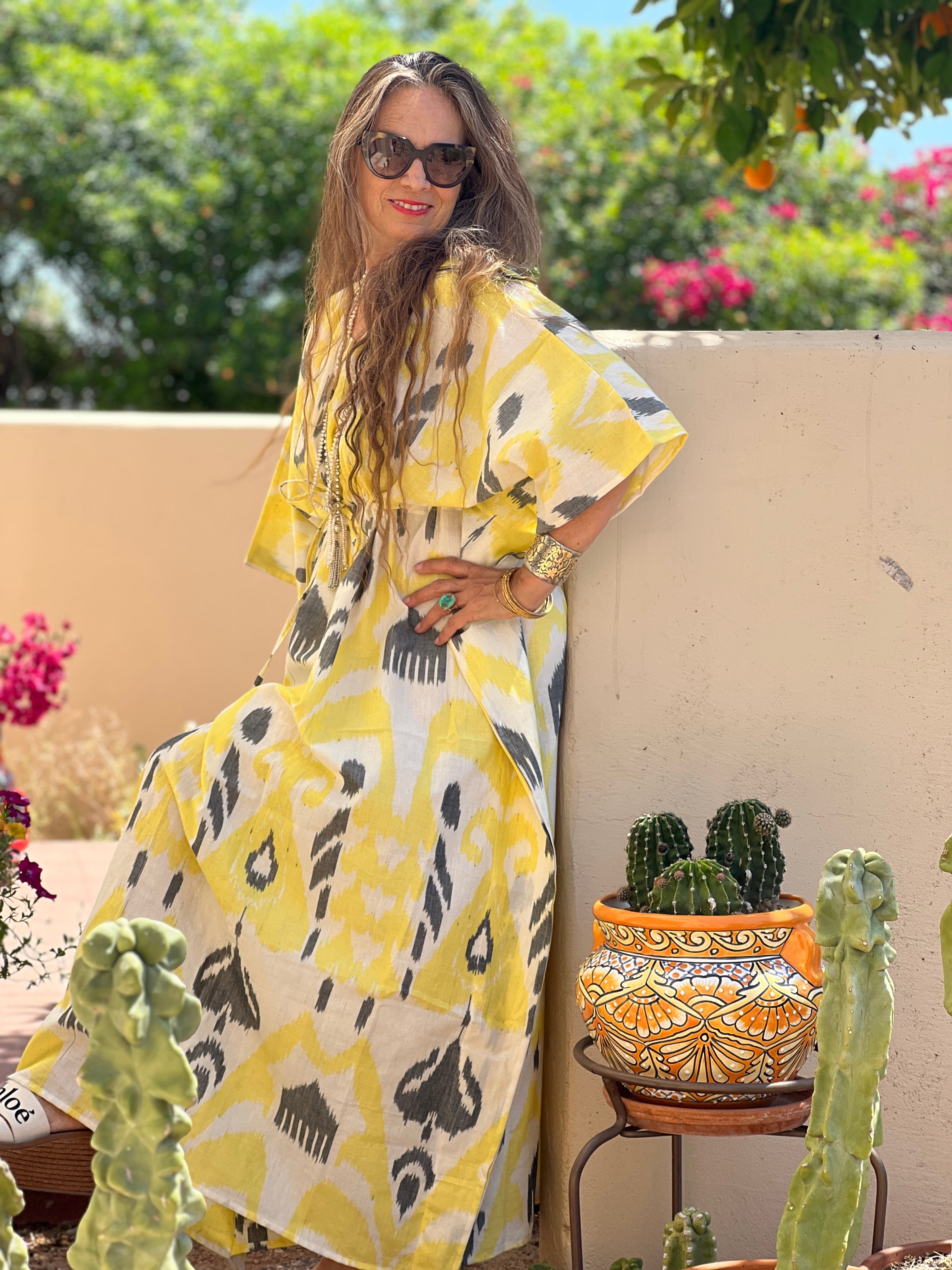 Livorno Lemon Cotton Ikat Maxi Kaftan Dress Hand Woven Only Two Available