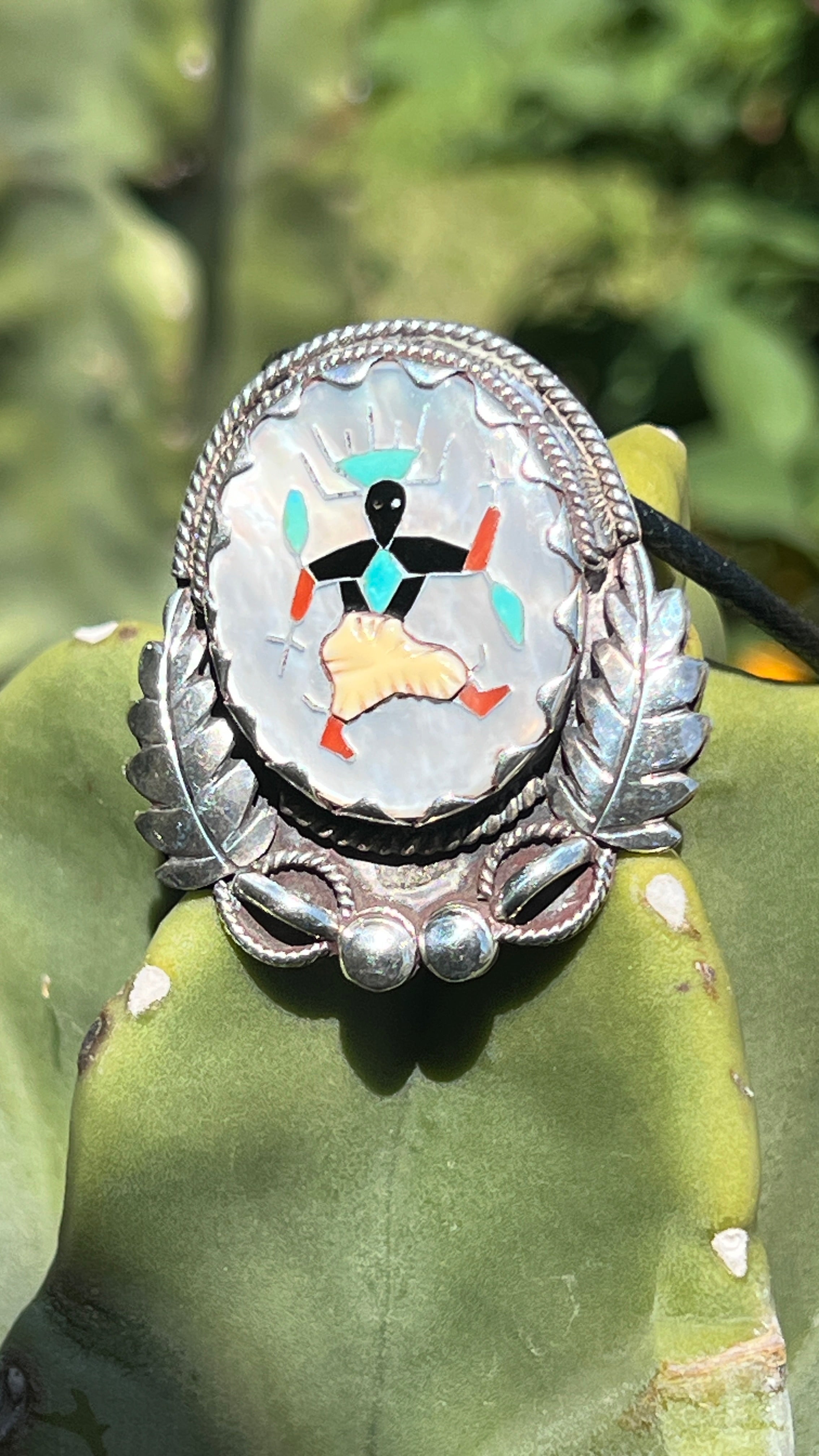 Vintage Zuni Sterling Turquoise, Coral, Onyx, MOP Warrior Pin Pendant Necklace